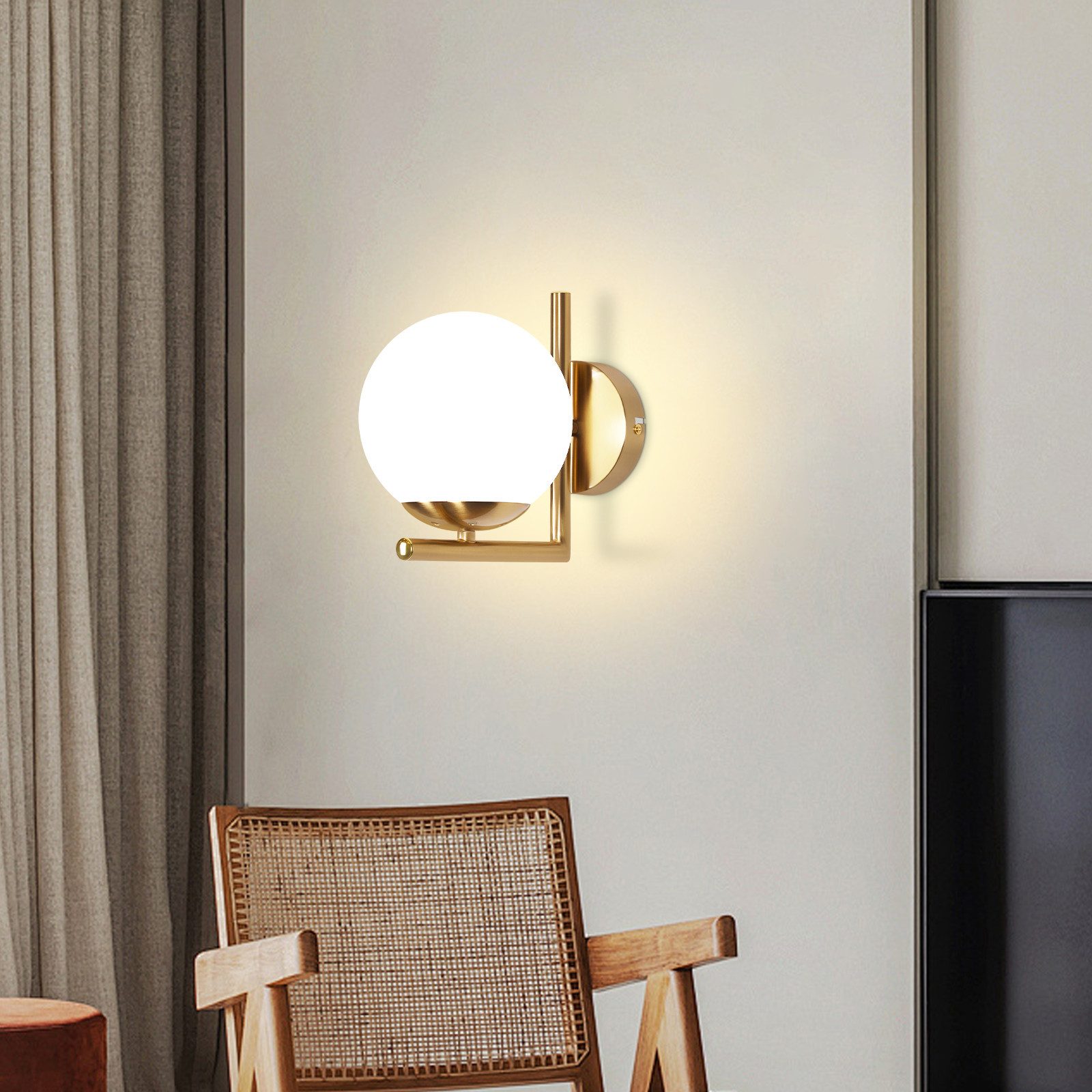 Nettlife Wandleuchte Innen Gold E27 Glaskugel Vintage Wandlampe Schlafzimmer Glasschirm, LED wechselbar, Modern Wandbeleuchtung für Flur Schlafzimmer Treppenhau – Bild 5 von 5
