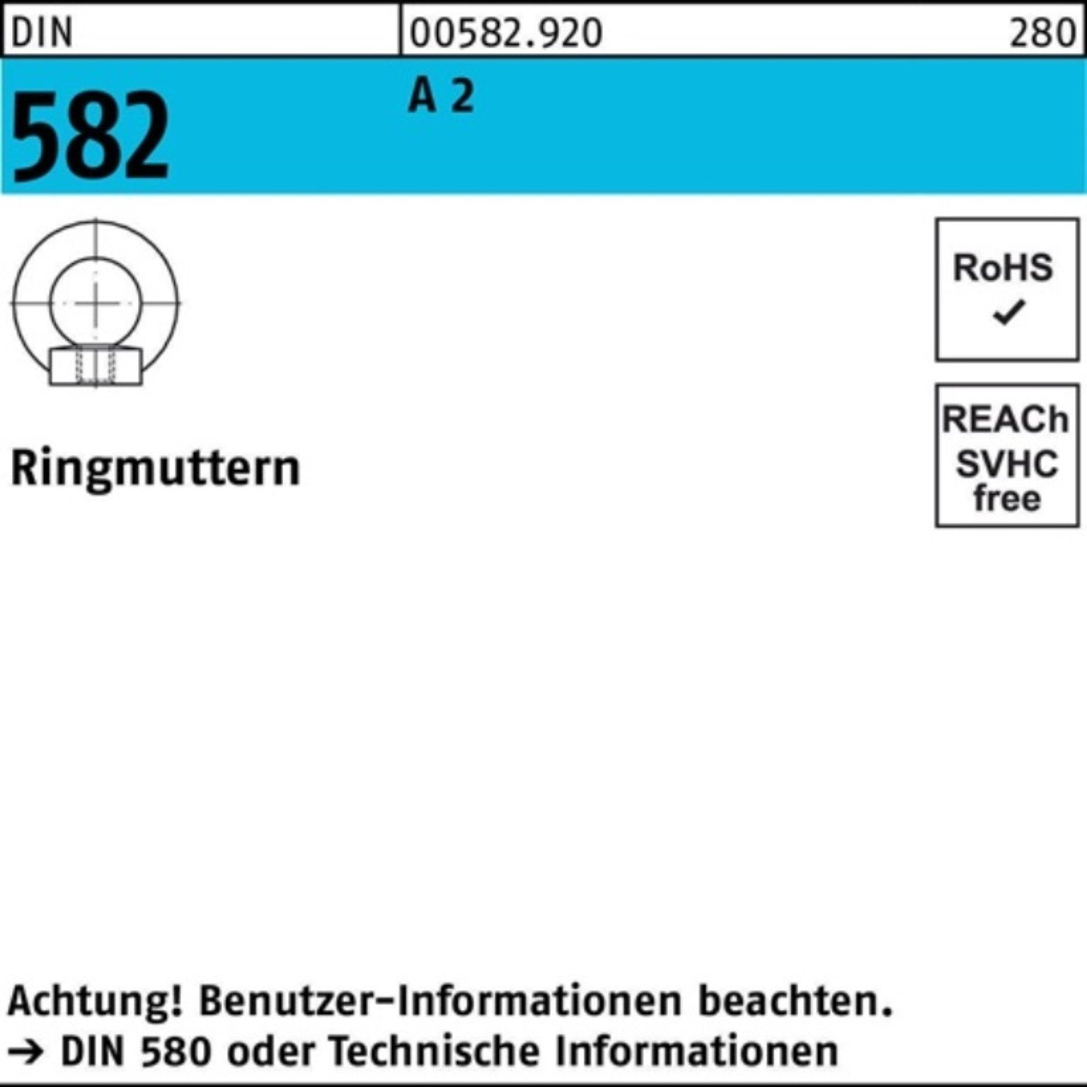Reyher Ringmutter 100er Pack Ringmutter DIN 582 M16 A 2 1 Stück DIN 582 A 2 Ringmuttern