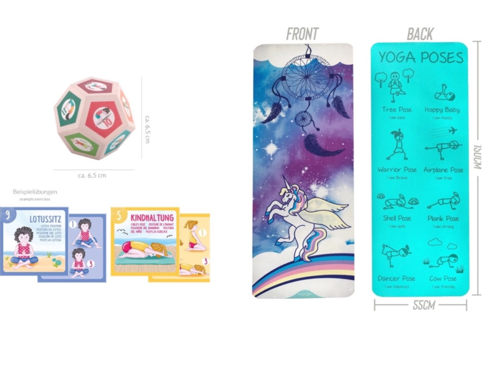 LK Trend & Style Yogamatte mit Yoga Würfel (Tolles Set mit Anleitung, 2-St., Yoga-Matte + Würfel), 8 verschiedene Yoga Posen sind auf der Matte aufgedruckt