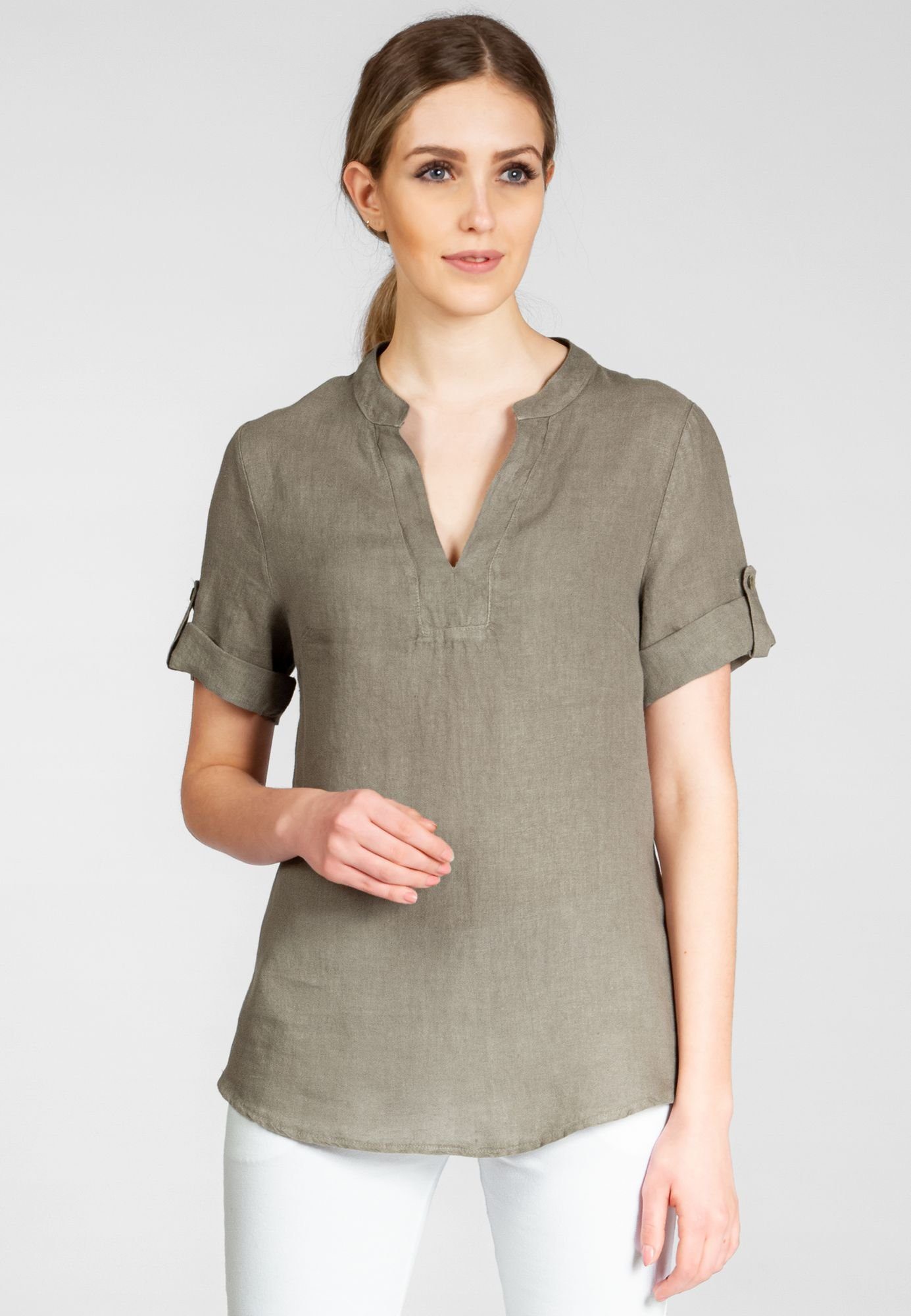 Caspar Shirtbluse BLU024 elegante Damen Halbarm Sommer Leinenbluse mit stylischem V-Ausschnitt taupe