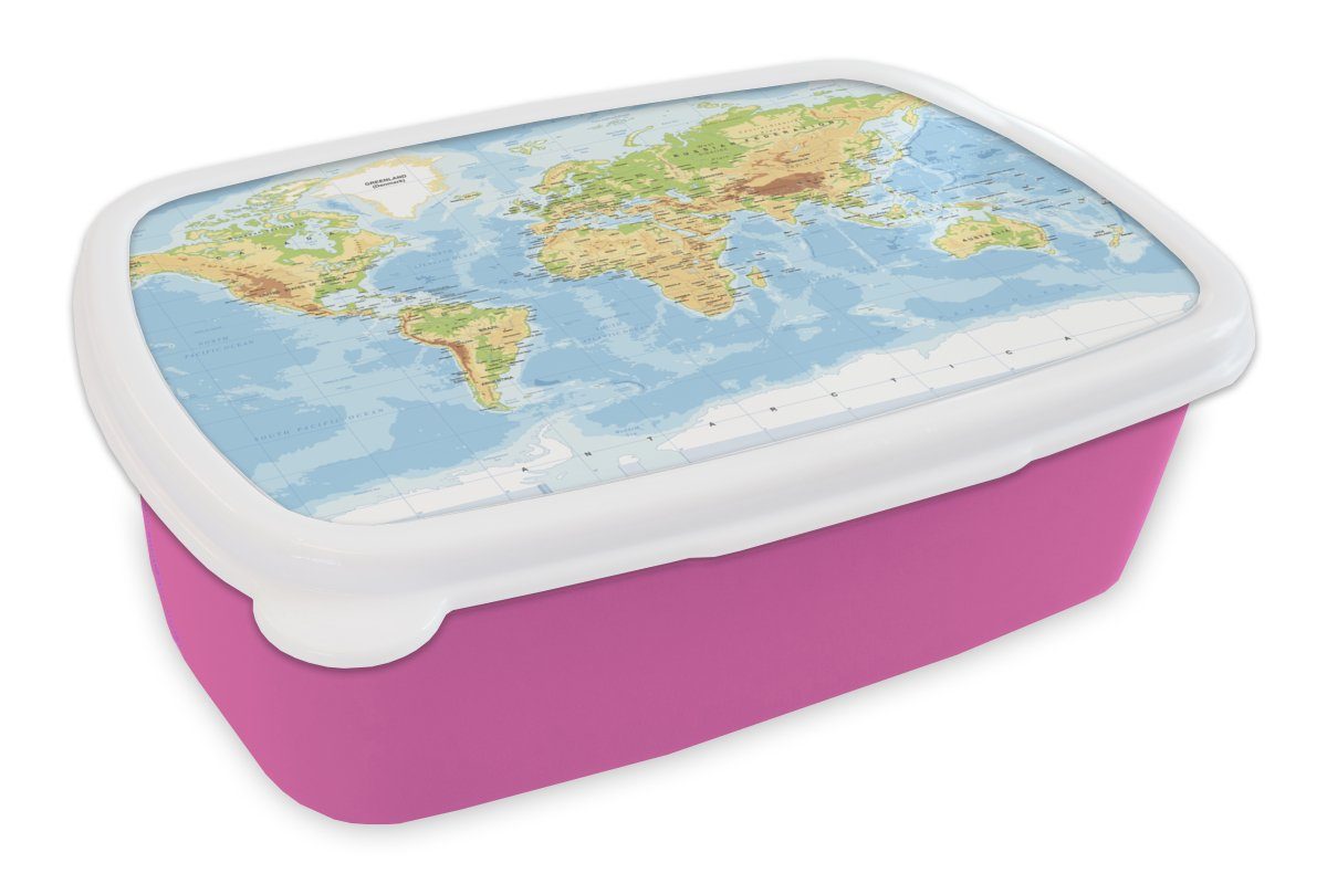 MuchoWow Lunchbox Weltkarte - Geographie - Atlas, Kunststoff, (2-tlg), Brotbox für Erwachsene, Brotdose Kinder, Snackbox, Mädchen, Kunststoff rosa