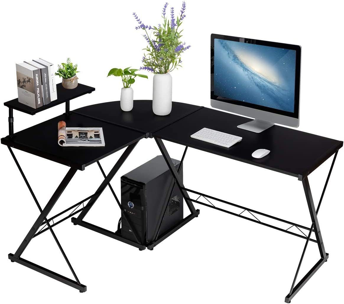 schwarz Computertisch, L-Form, höhenverstellbare in KOMFOTTEU Füße Laptoptisch