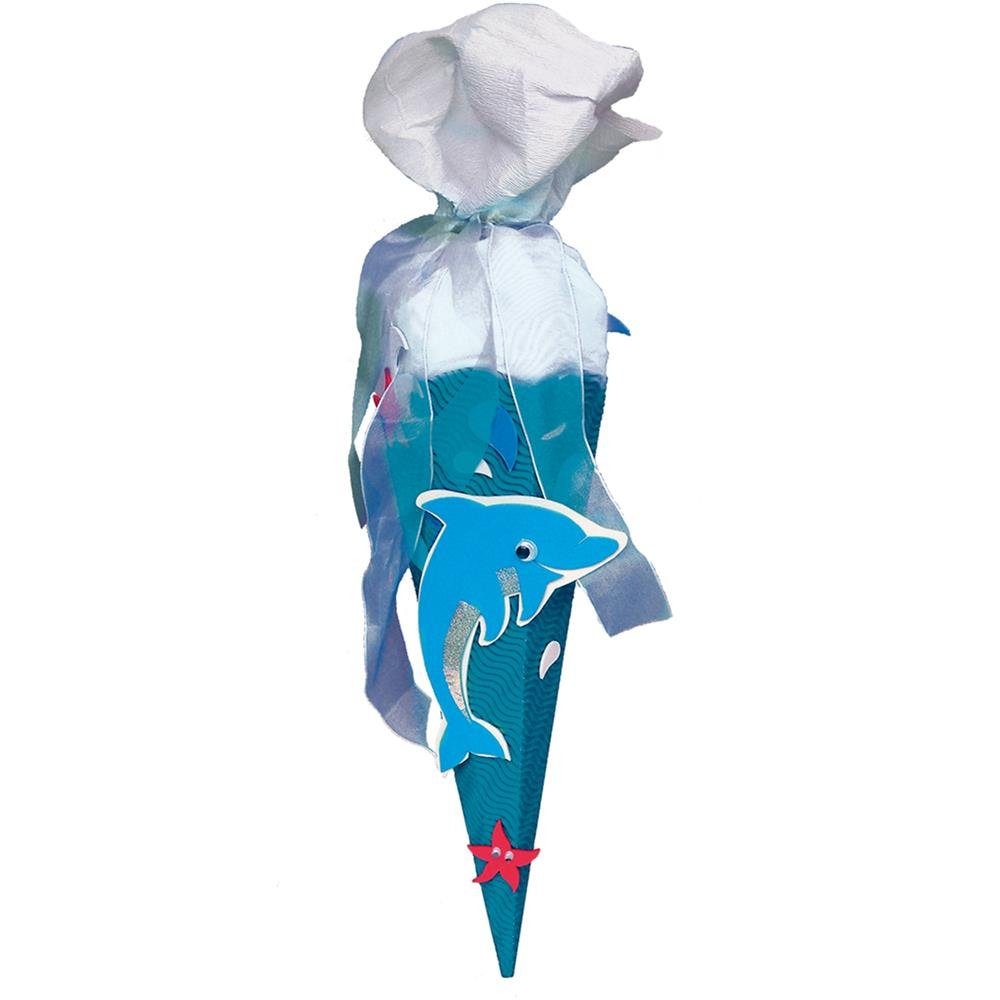 Roth Schultüte Basteltüte Delfin, 40 cm, eckig, mit weißem Kreppverschluss, Zuckertüte für Geschwister