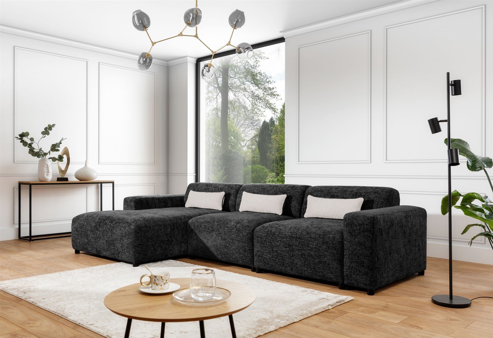 Fun Möbel Ecksofa Designersofa ROMY MAX in Stoff Enjoy Me, mane rechts oder links, inkl. 3 Zierkissen Schwarz