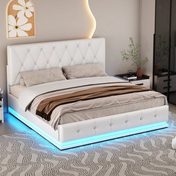 REDOM Polsterbett Hydraulisch anhebbarer Bettstauraum,Bettkasten (140X200 CM Lattenrost Bezug aus Kunstleder), Modernes Bett mit LED, Einfach zu montierender Bettrahmen
