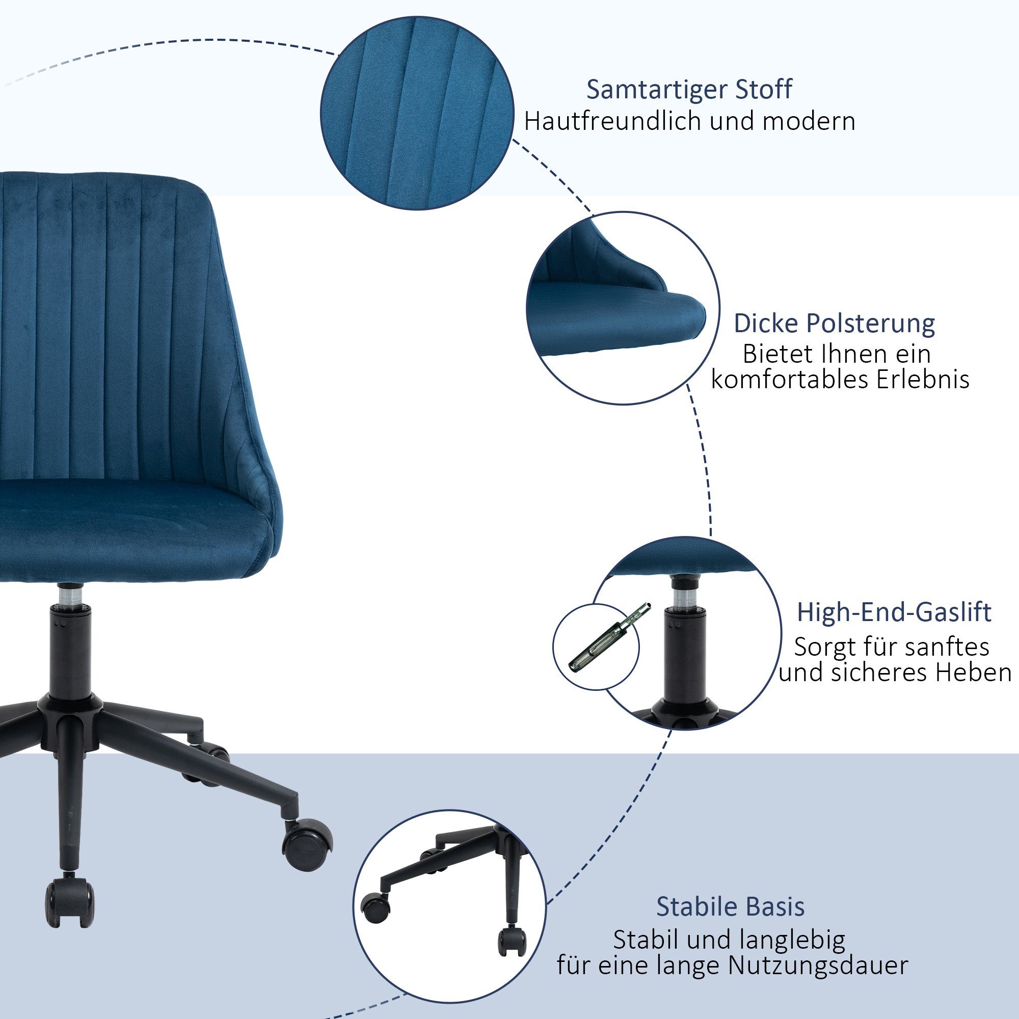 Polyester St), Bürostuhl Rückenlehne, Vinsetto (Bürostuhl mit Bürostuhl Ergonomisches Drehstuhl 1 Liniendesign Samtartiges Blau