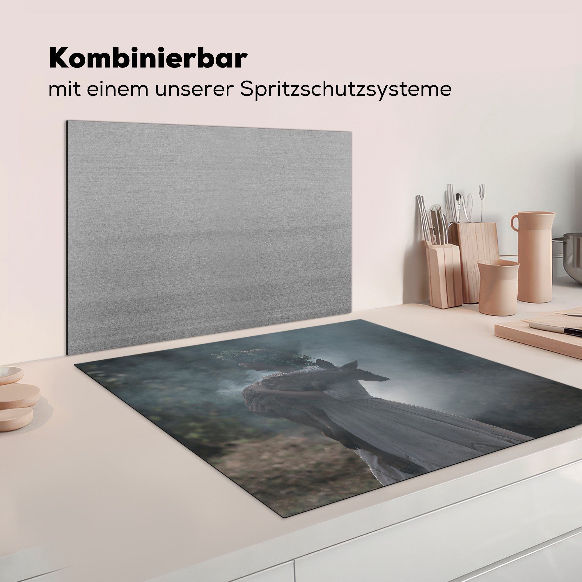 - Ceranfeldabdeckung, Vinyl, (1 Rotwild MuchoWow Nebel, tlg), 78x78 Frau küche - Arbeitsplatte für cm, Herdblende-/Abdeckplatte