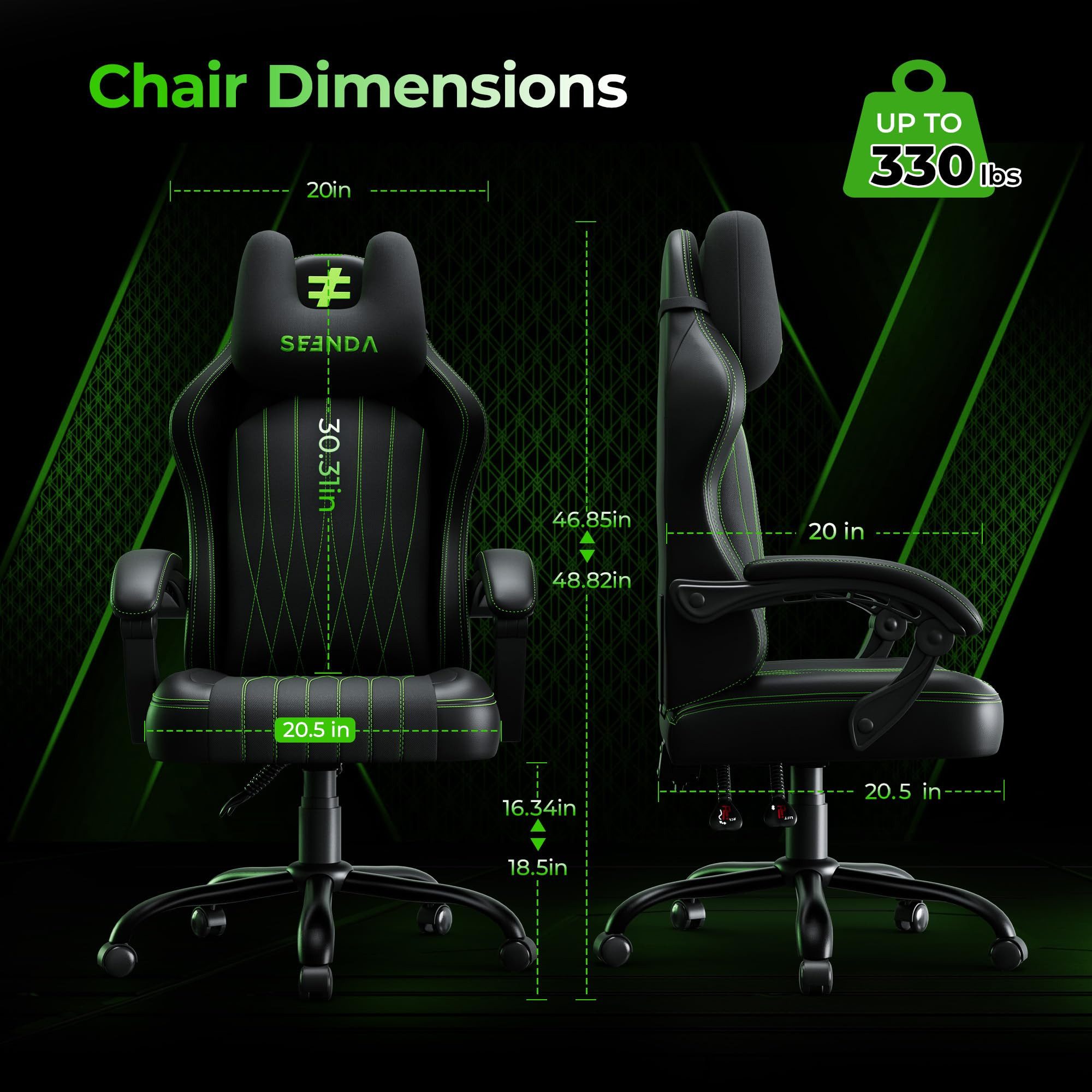 Seenda Campingstuhl GCP-18 Ergonomischer Gamingstuhl mit 90–135° Rückenlehne, Tech-Stoff & PU-Leder, abnehmbares Kissen, gekoppelte Armlehnen, SGS