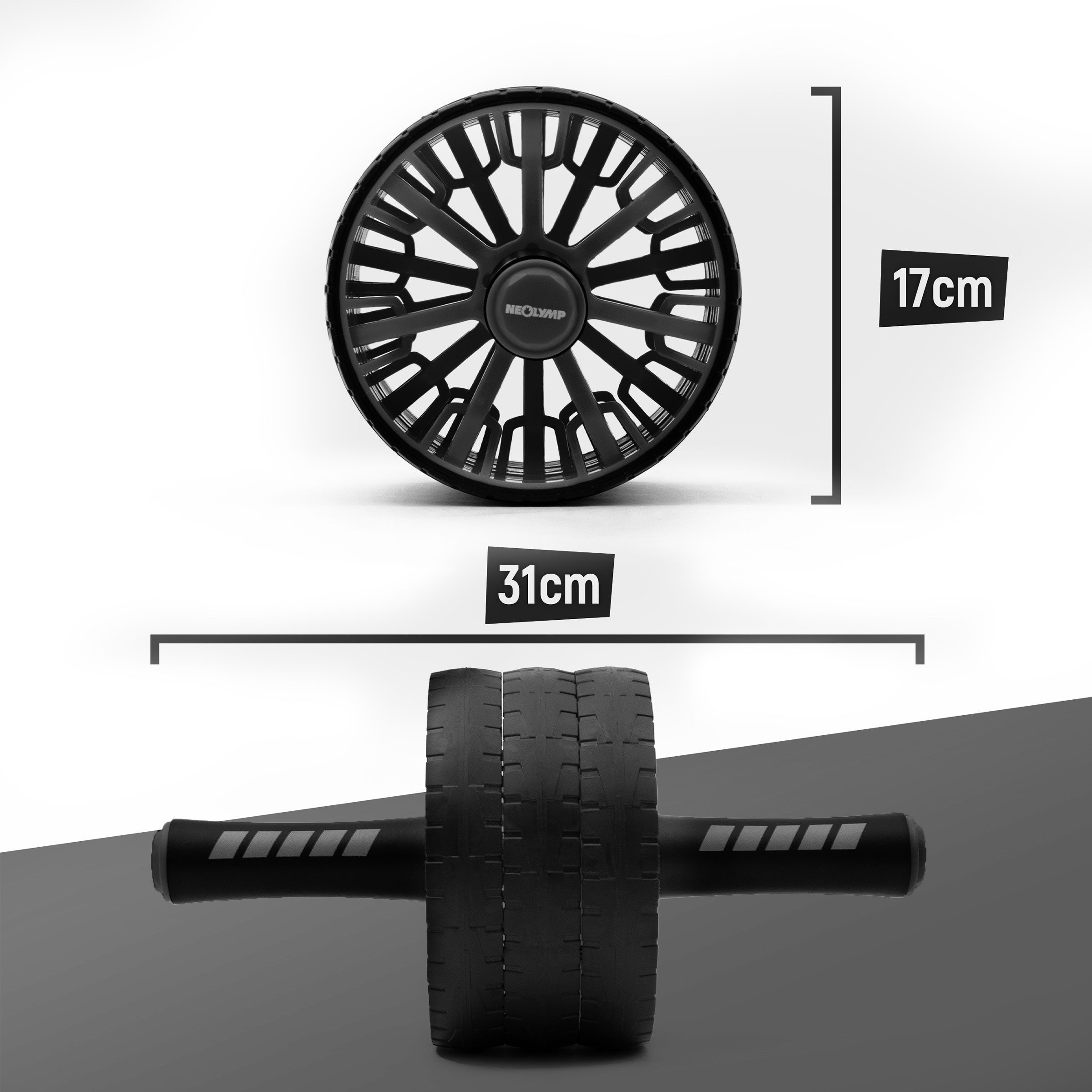 NEOLYMP Bauchmuskelmaschine Bauchtrainer - gezieltes Training der Bauchmuskeln- Bauchmuskeltrainer (Set, Bauchroller, Unterlage für die Knie, 3 Räder - individuell anpassbar), Rutschfest und Stabil, gepolsterte Griffe, Hält bis zu 150kg stand