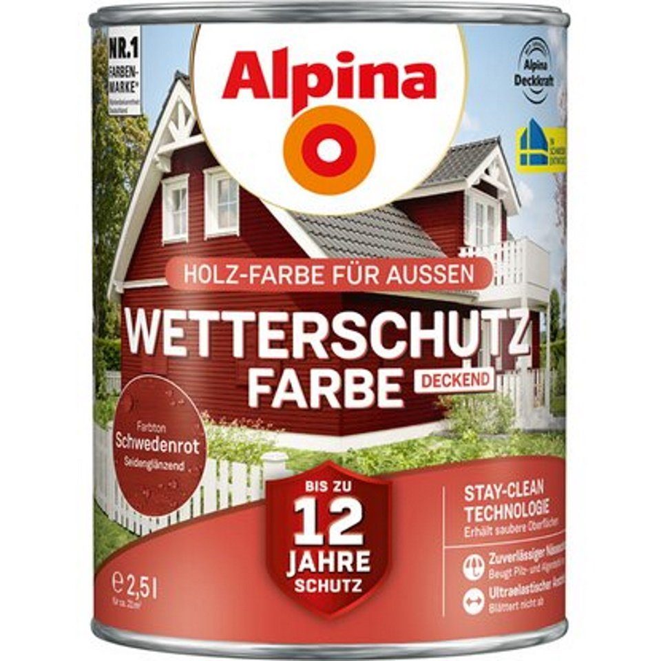 Alpina Wetterschutzfarbe Holzfarbe für außen deckend Schwedenrot 2,5 L
