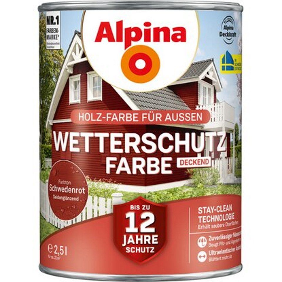 Alpina Wetterschutzfarbe Holzfarbe für außen deckend Schwedenrot 2,5 L