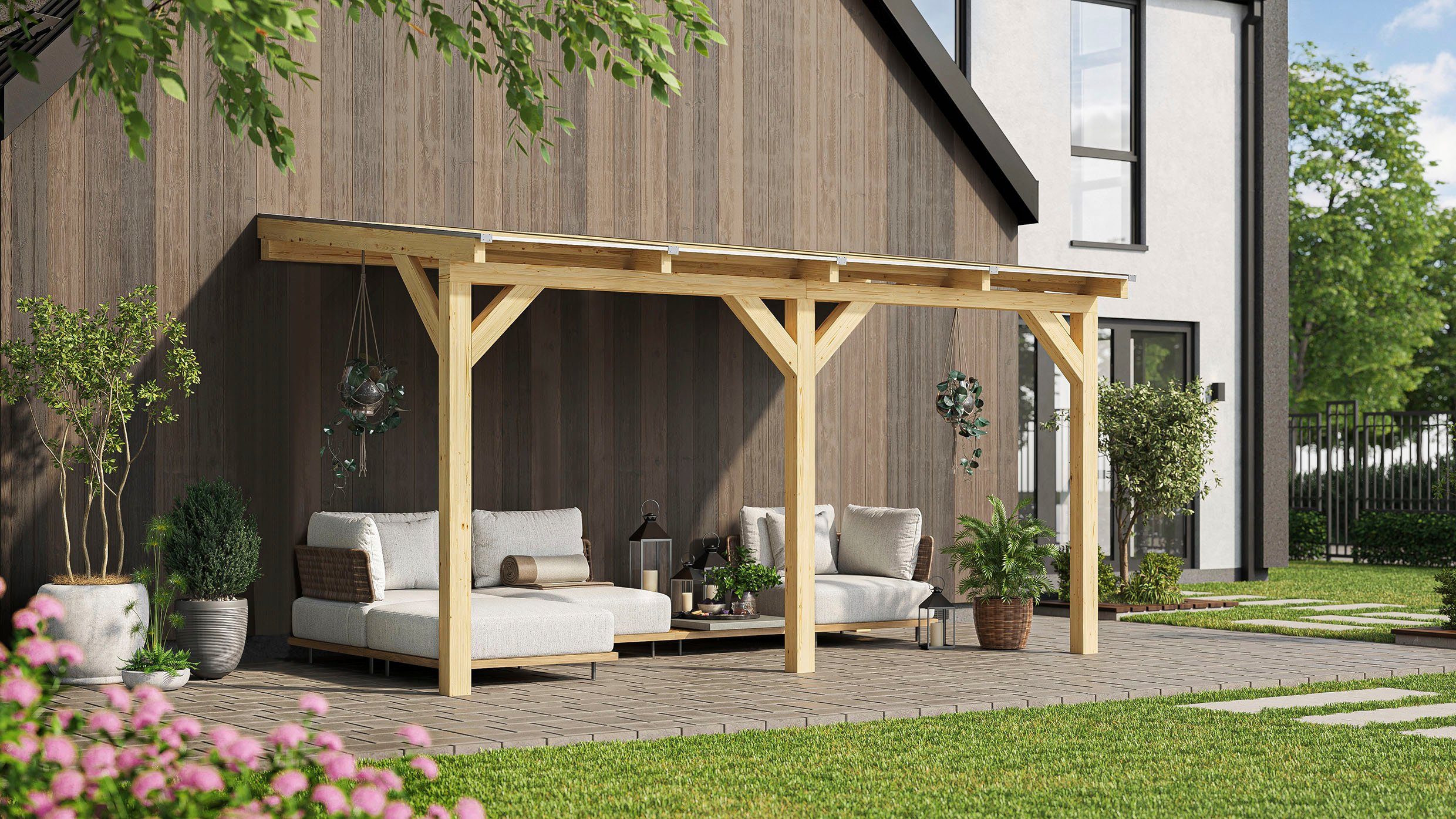 weka Terrassendach Terrassenüberdachung, BxT: 348x242 cm, aus verzugssteifem Leimholz, direkt farblich behandelbar