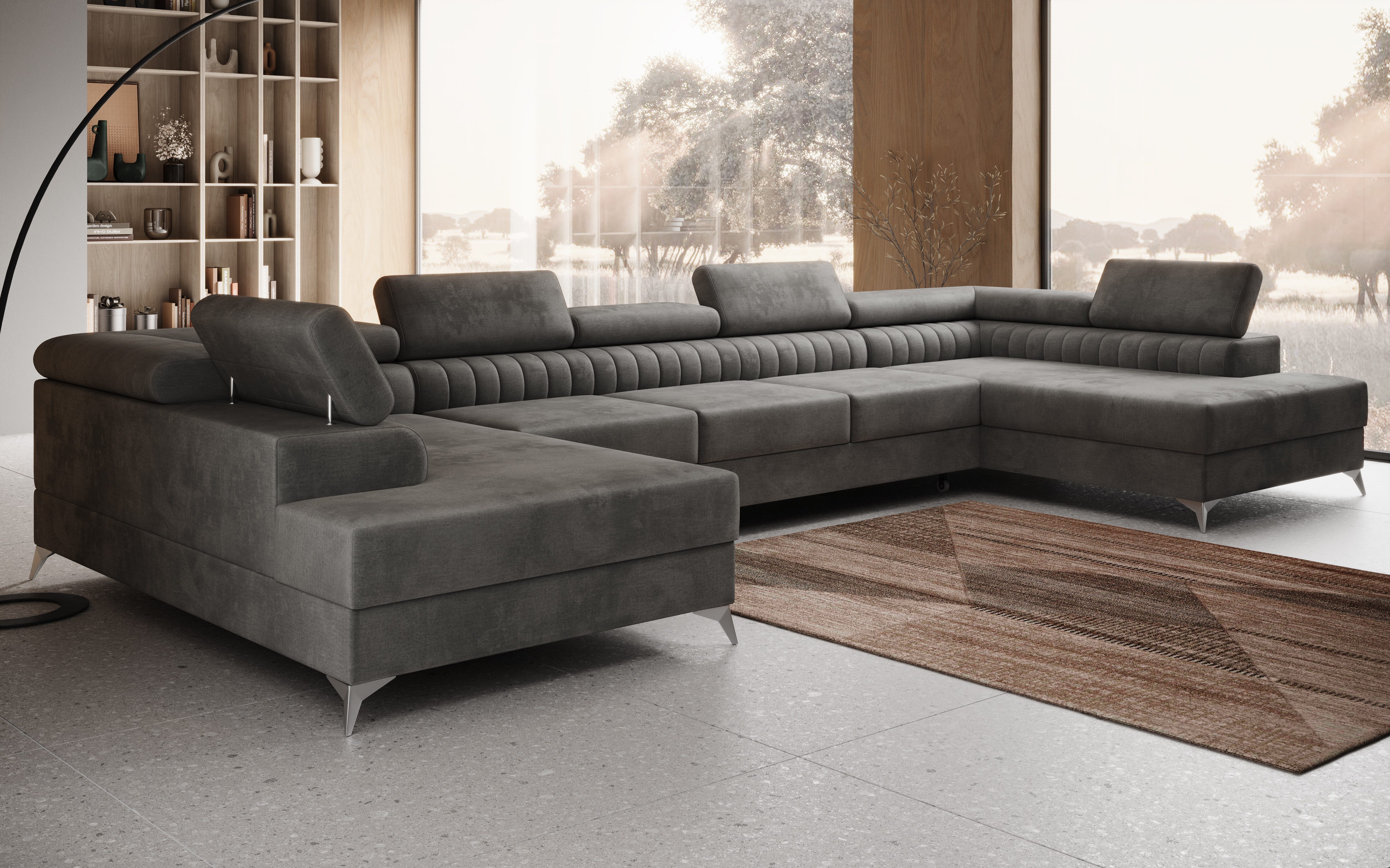 thematys Ecksofa FERMO 403 x 203cm mit Schlaffunktion & Bettkasten –, U-Sofa mit verstellbaren Kopfstützen, Samt (Monolotith), oder Bouclé (Quelle), - U-Form, XL-Wohnlandschaft, 390 cm breit