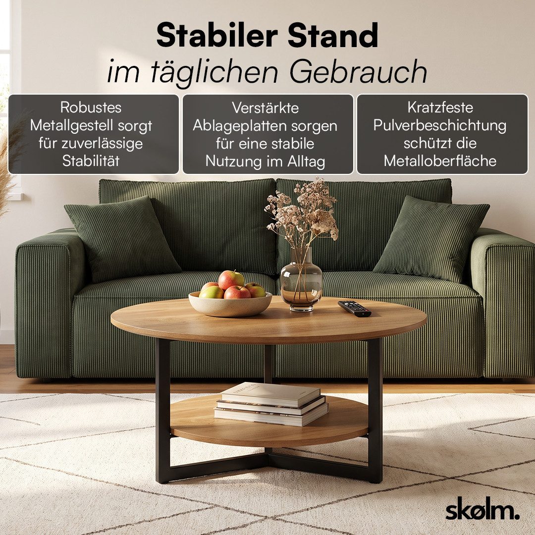 skølm Couchtisch Drakkar aus Massivholz Eiche, Tisch mit Metallgestell (Natur), Wohnzimmertisch Ø70 cm mit 2 Ablageflächen – Bild 5 von 5