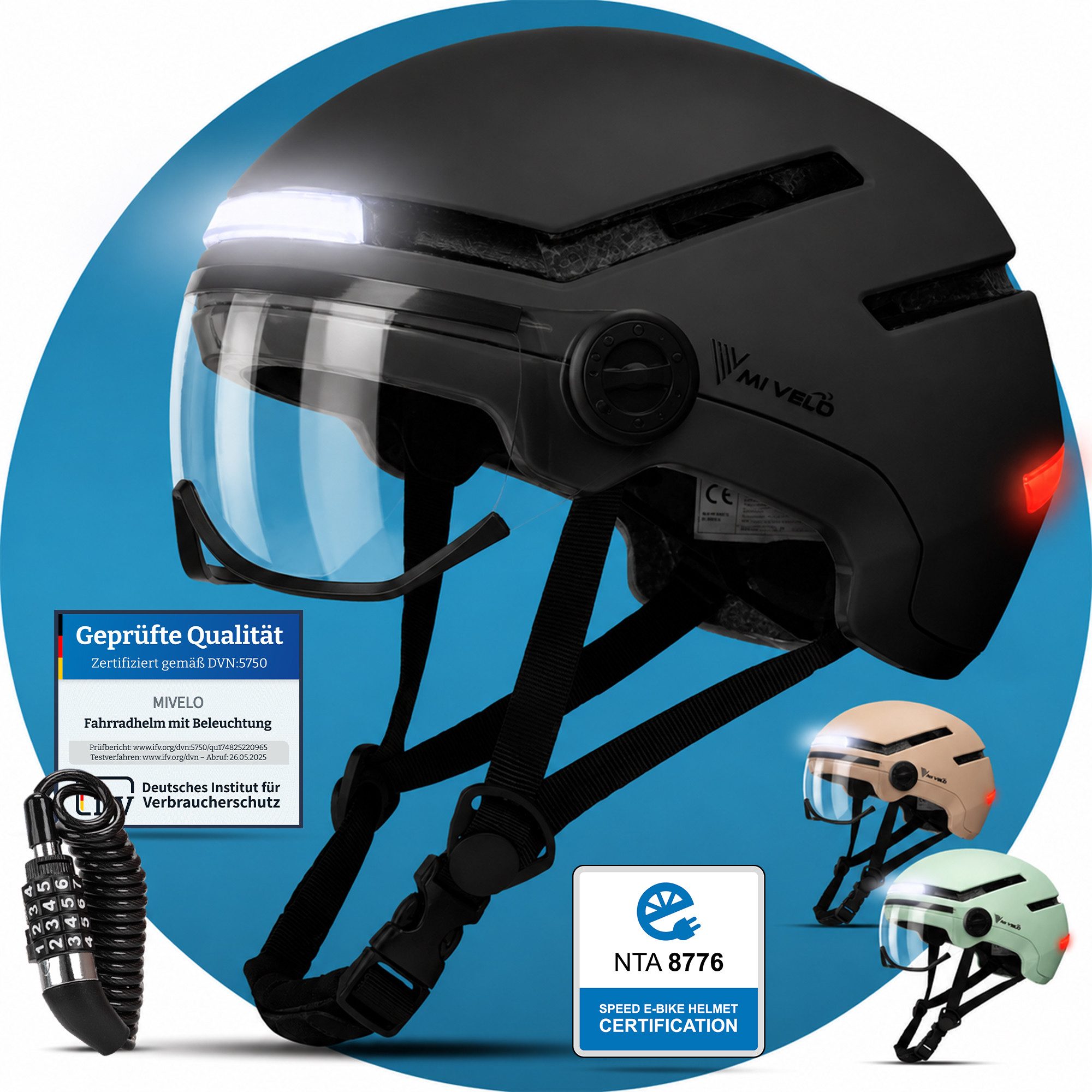 MIVELO Fahrradhelm NOVA - mit Licht vorne & hinten und Visier für Damen und Herren, 360° Beleuchtung, 24 Monate Crash-Ersatz-Garantie