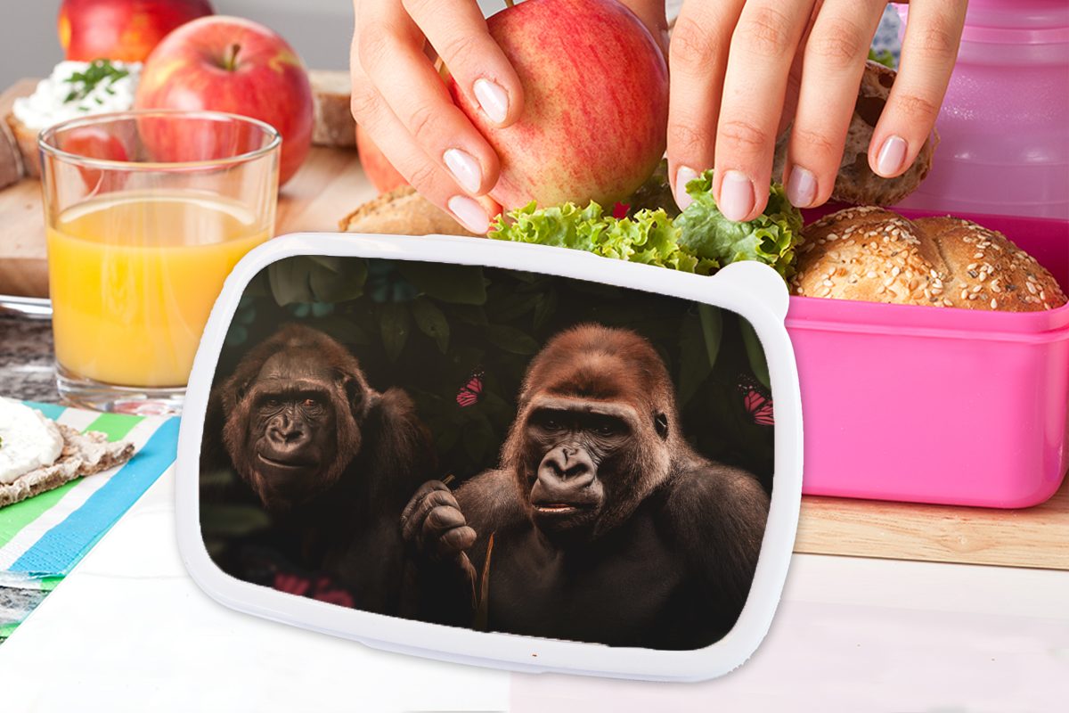 Lunchbox - Brotbox Gorilla Dschungel MuchoWow rosa - - Kunststoff, (2-tlg), Mädchen, Erwachsene, Kinder, Schmetterling, Kunststoff Pflanzen Brotdose Snackbox, für