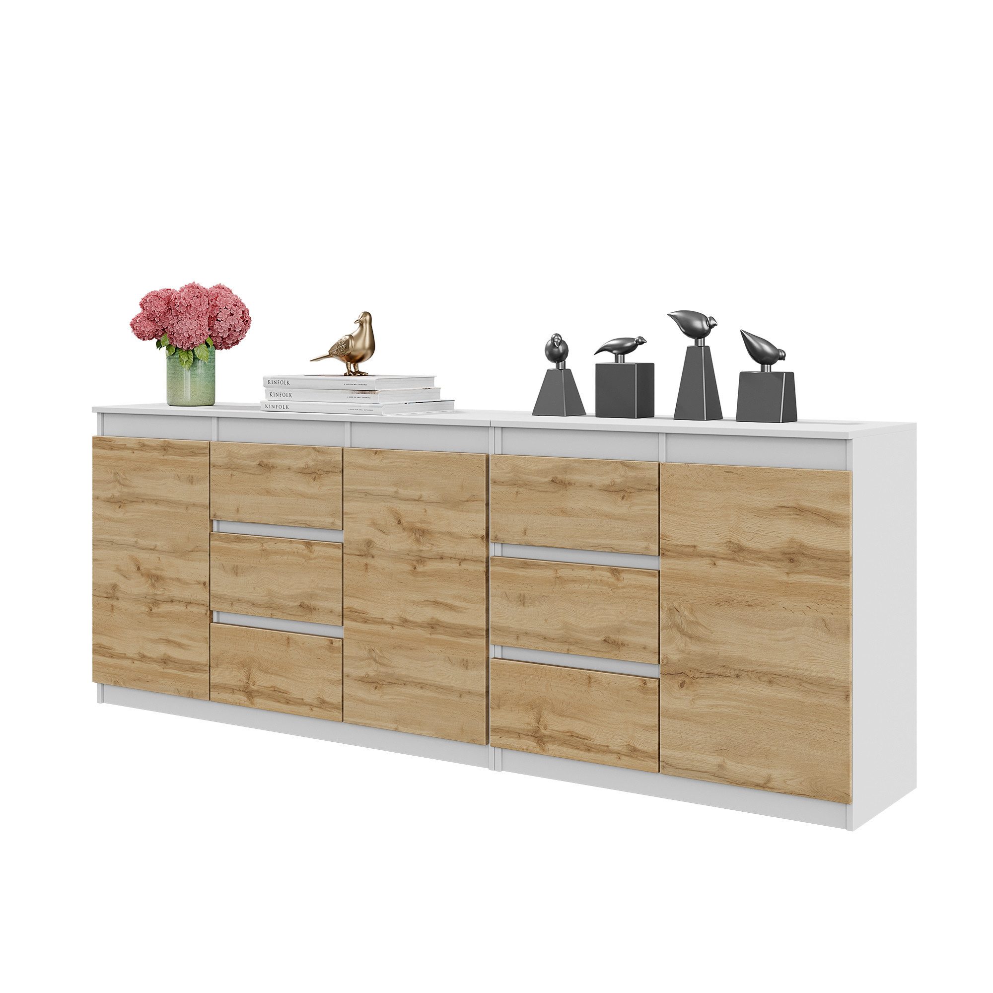 Furnica Kommode MIKEL, 6 Schubladen und 3 Türen - Weiß Matt H75cm B200cm T35cm