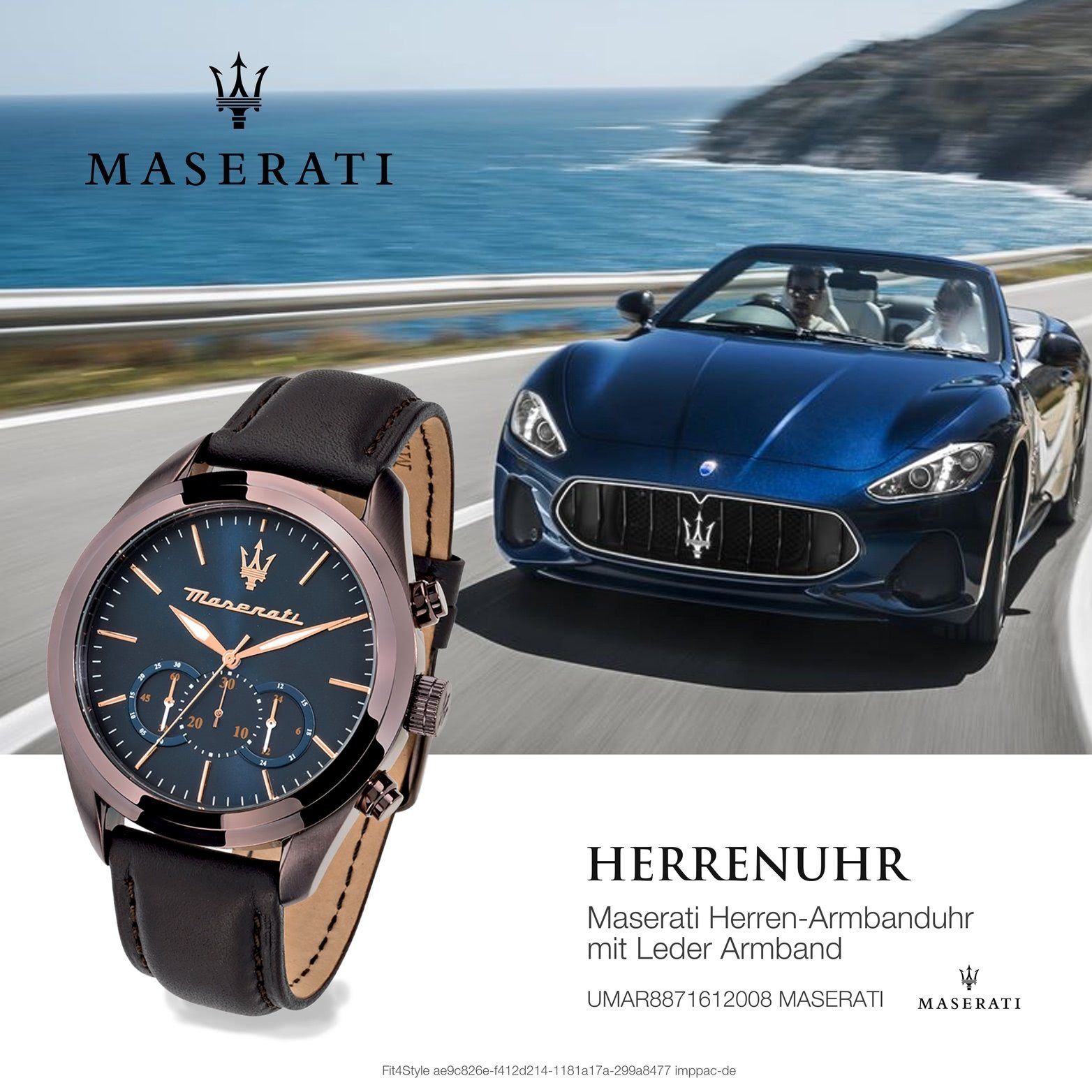 blau Leder Armband-Uhr, (ca. 55x45mm) Herrenuhr Maserati Lederarmband, MASERATI Gehäuse, Chronograph rundes groß