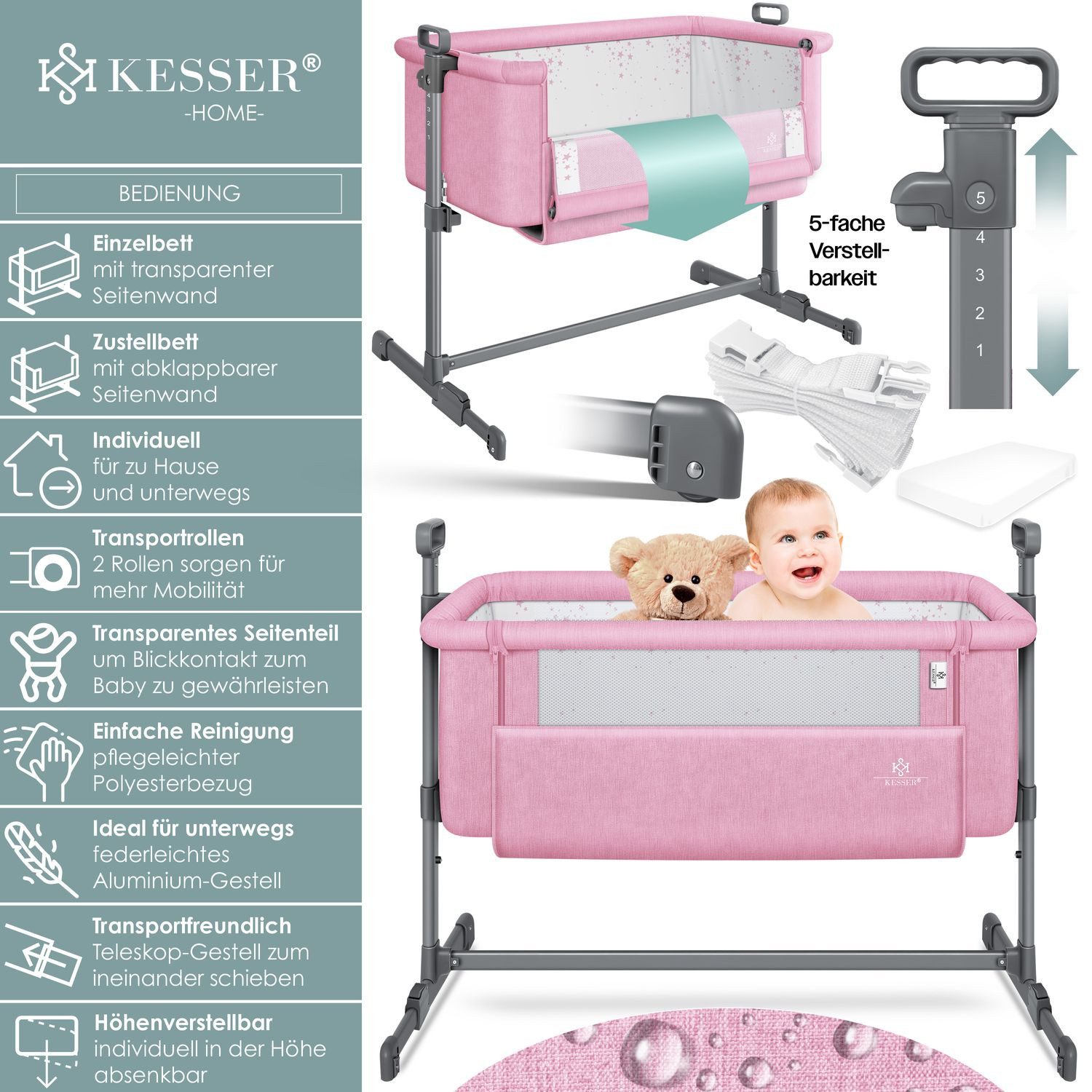 KESSER Kinderbett, Zustellbett Hubi 3in1 Baby Beistellbett Reisebett Babybe günstig online kaufen