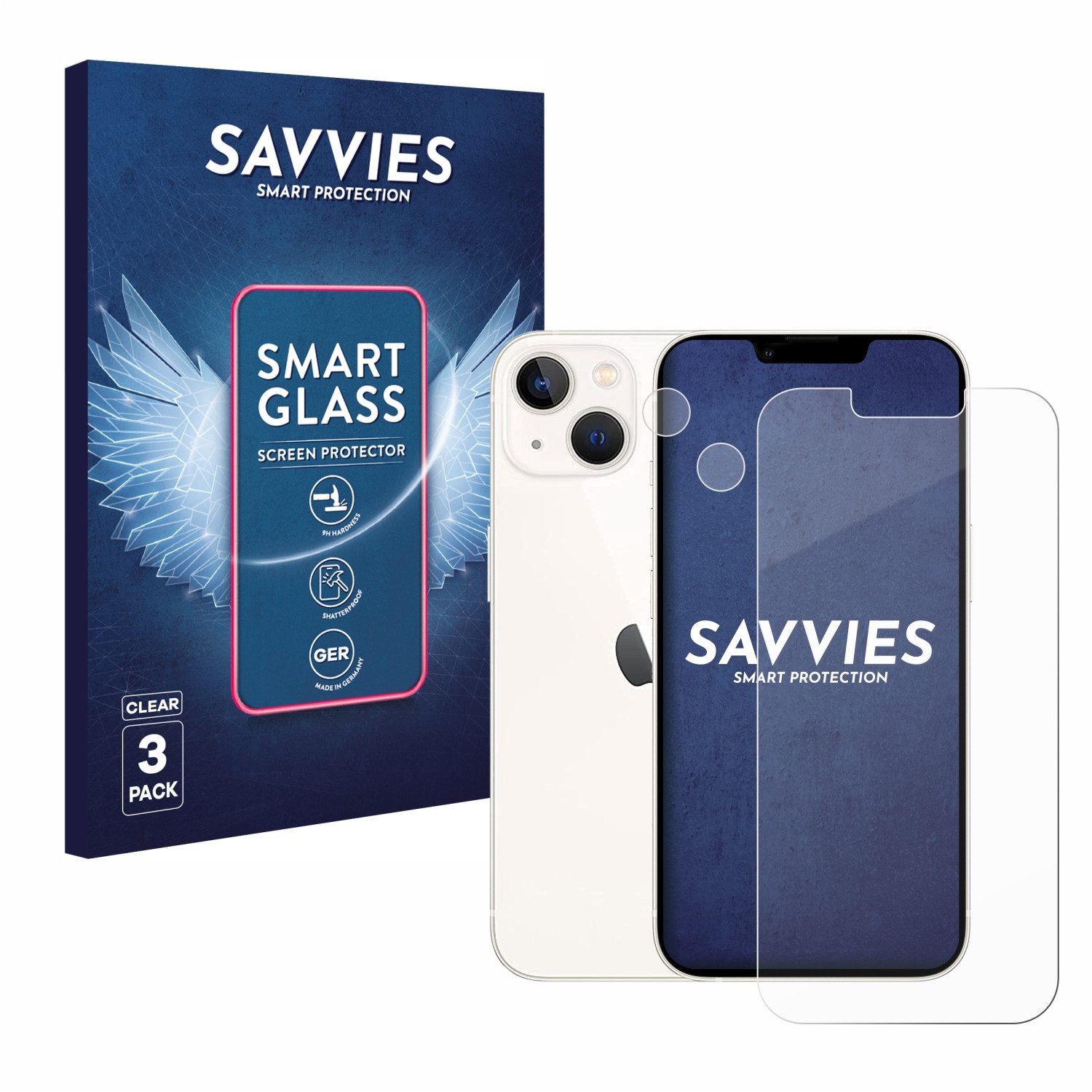 Savvies Displayschutzglas Schutzglas Panzer für Apple iPhone 13 (Display+Kamera), 3 Stück, Schutzfolie Display Schutz Glas Folie klar