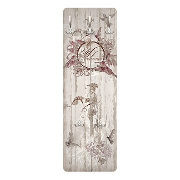 Bilderdepot24 Garderobenpaneel beige Holzoptik Retro Vintage Shabby Tiere Sprüche Welcome Butterfly (ausgefallenes Flur Wandpaneel mit Garderobenhaken Kleiderhaken hängend), moderne Wandgarderobe - Flurgarderobe im schmalen Hakenpaneel Design