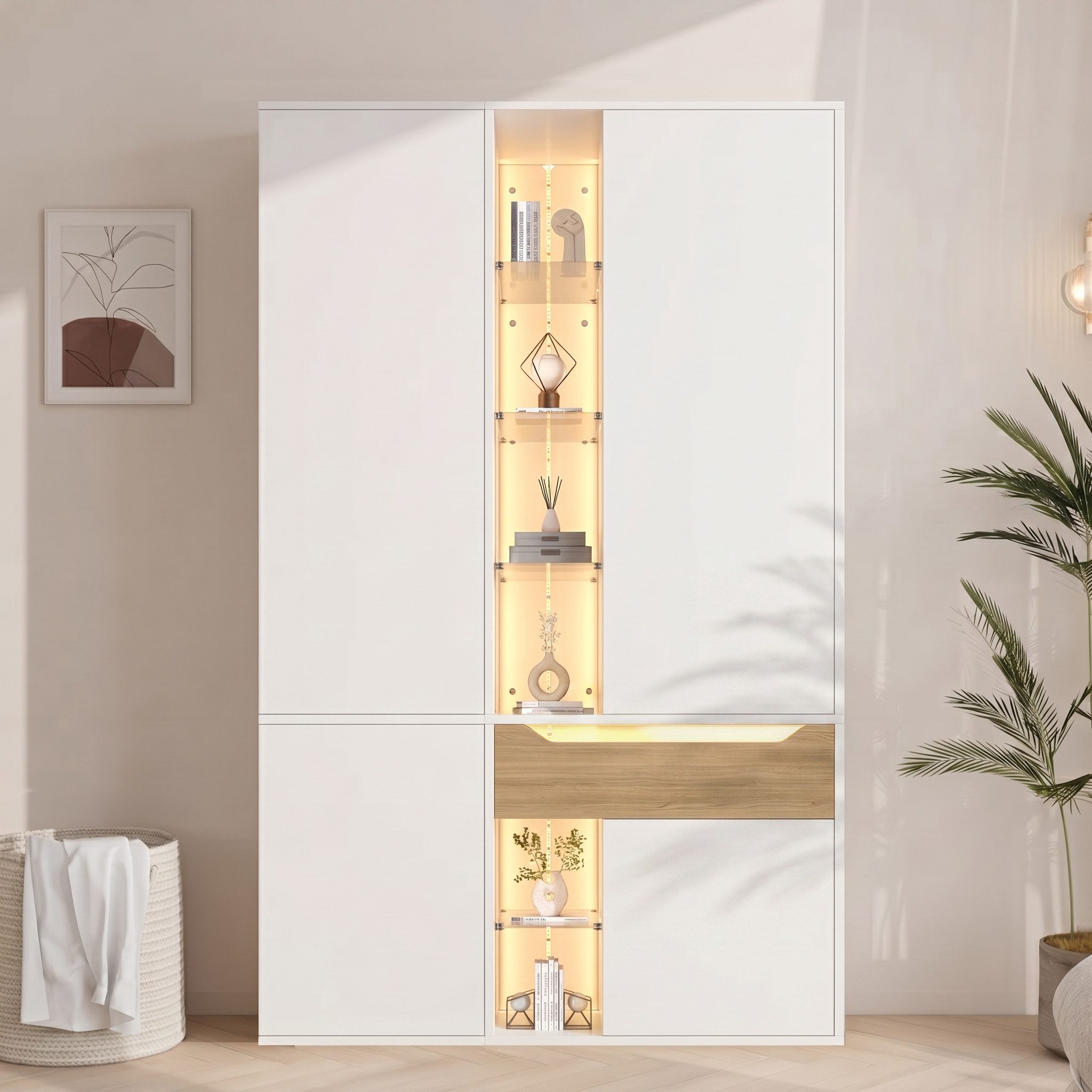 Celya Kleiderschrank 122×50×200 cm, mit LED-Beleuchtung, 6 offenen Fächern und Glasvitrine (Drehtürenschrank mit 1 Kleiderstange, 1 Schublade und geschlossenen)