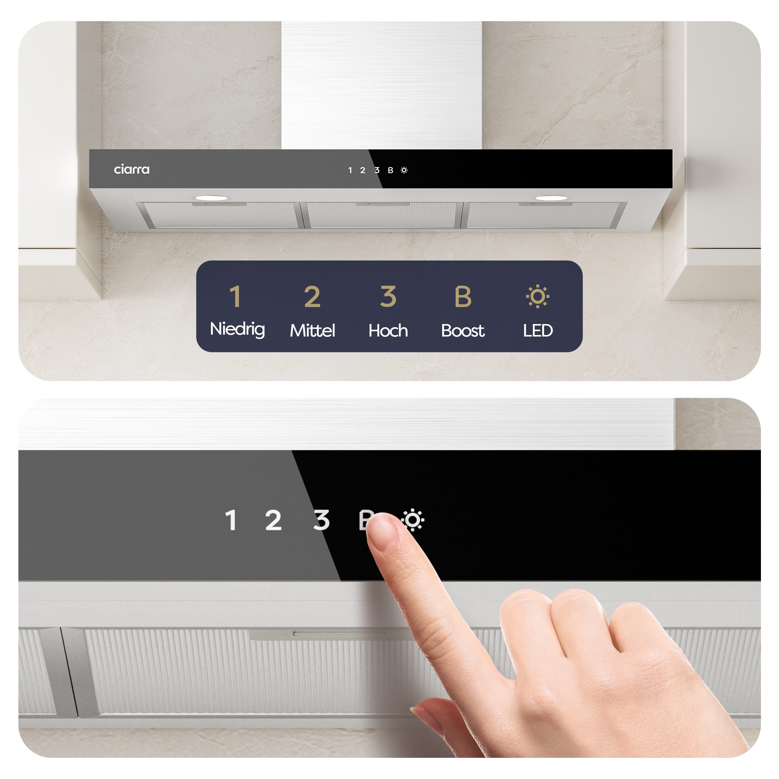 CIARRA Wandhaube 90 cm Dunstabzugshaube A+++ 709 m³/h Umluft & Abluft 4 Stufen CBCS9102 Aktivkohlefiltern, Fettfiltern, LED, WIFI-APP Touch Control mit BOOST – Bild 5 von 5