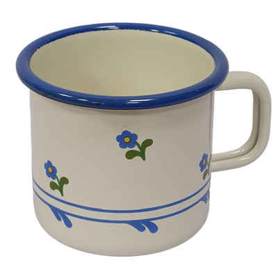 Linoows Tasse Emaille Tasse, Henkelbecher, Outdoor Kaffeetasse, Emaille, Henkeltasse, Outdoor Henkelbecher Creme Blümchen 8 cm.