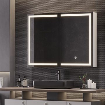 MSMASK Badezimmerspiegelschrank mit LED Beleuchtung und Steckdose,Hängeschrank mit Spiegel Einstellbar Ablage, 80x13.5x60cm