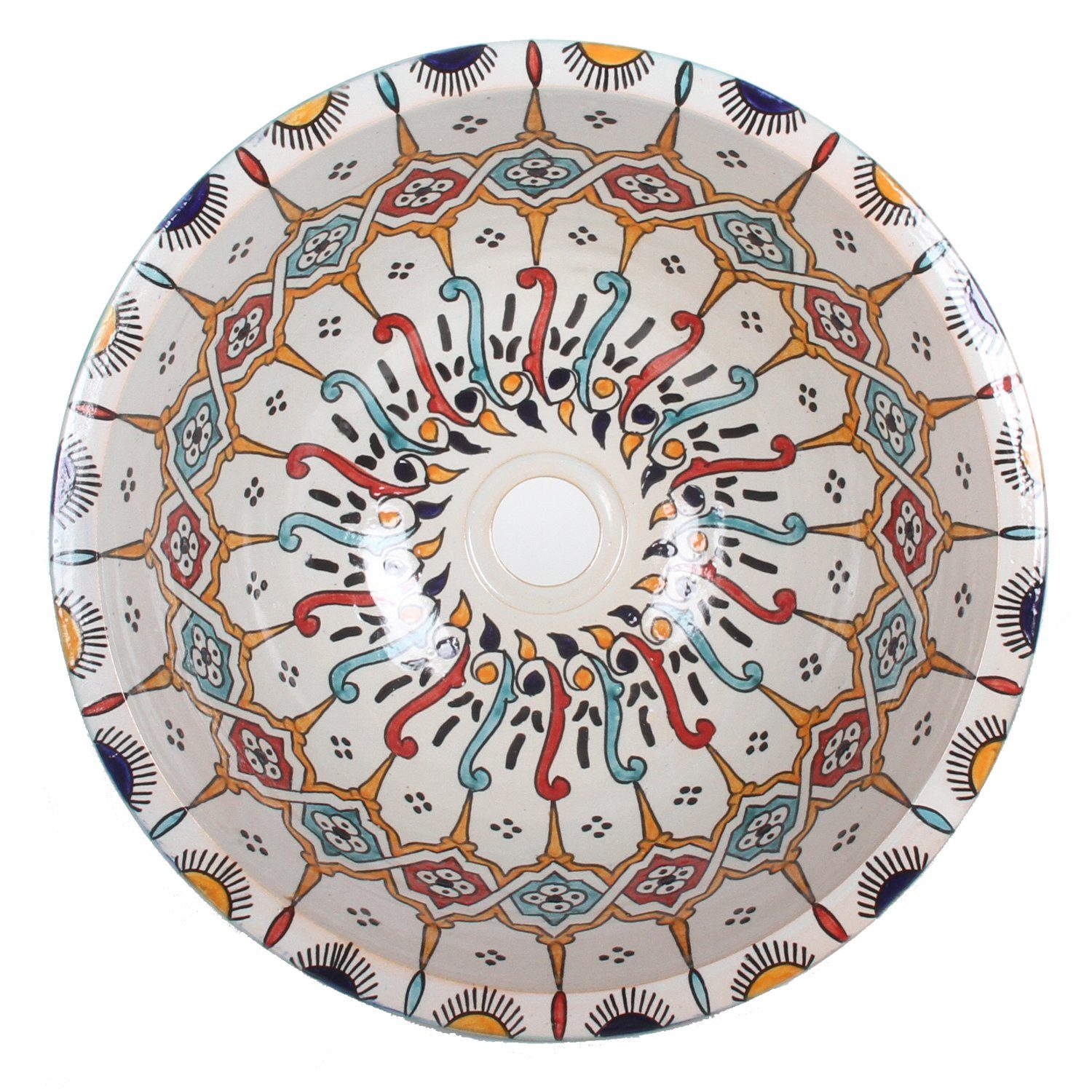Casa Moro Waschbecken Orientalisches handbemaltes Keramik Waschbecken Fes101 Ø 40cm (Kunsthandwerk aus Marokko), rundes Handwaschbecken WB40311