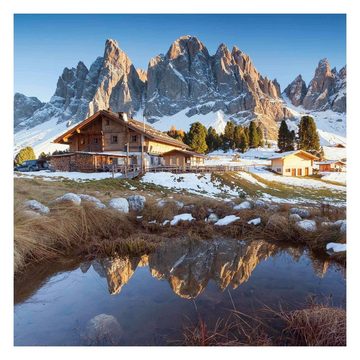 Bilderdepot24 Fototapete Berge Berghütte 3D-Effekt Natur Landschaft Wanddeko XXL, Glatt, Matt, (Vliestapete inkl. Kleister oder selbstklebend), Wohnzimmer Schlafzimmer Küche Flur Motivtapete Vliestapete Wandtapete