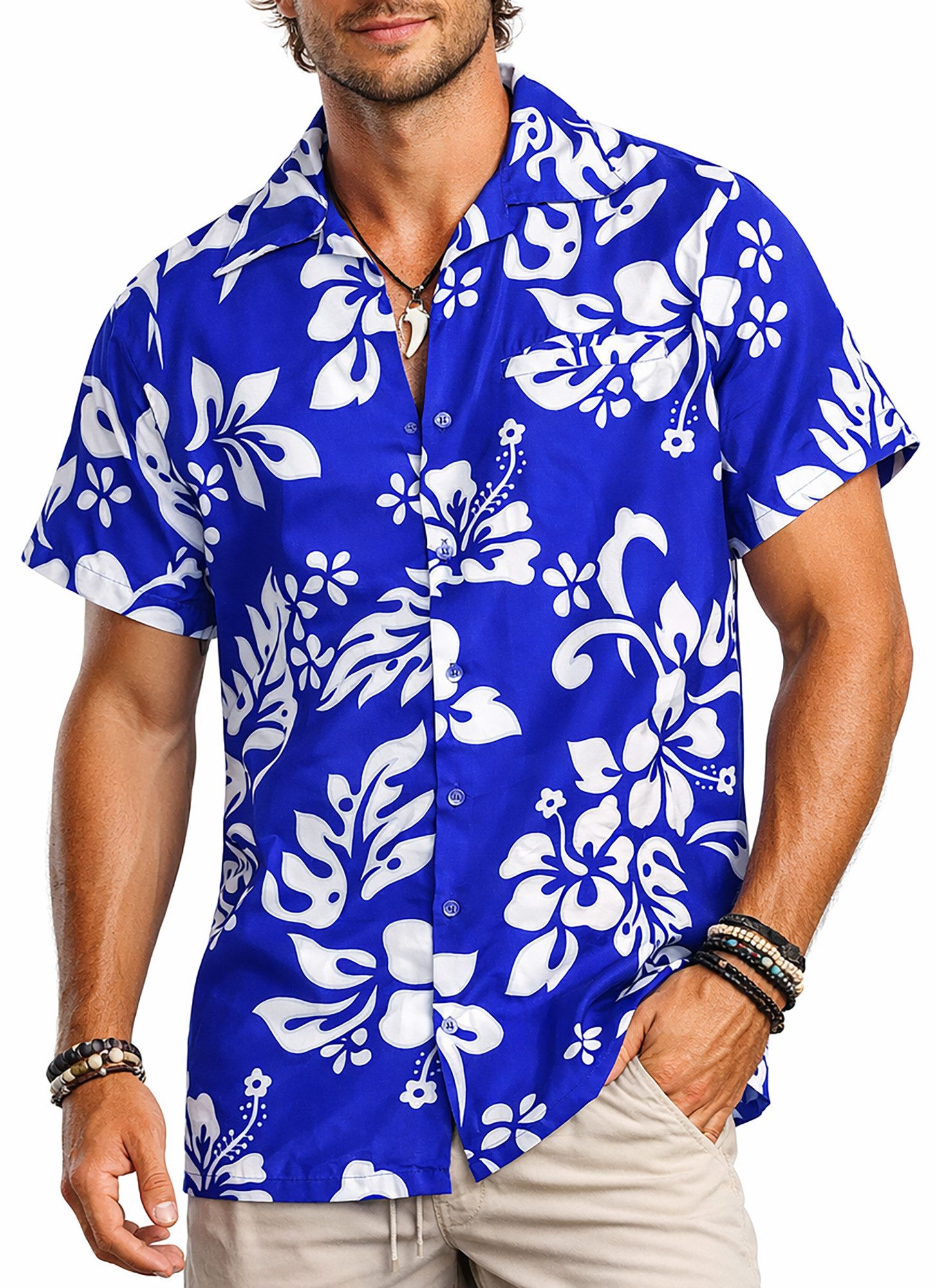 King Kameha Hawaiihemd "Hibiscus" Funky Hawaii-Hemd Herren Kurzarm Front-Tasche Stylish
