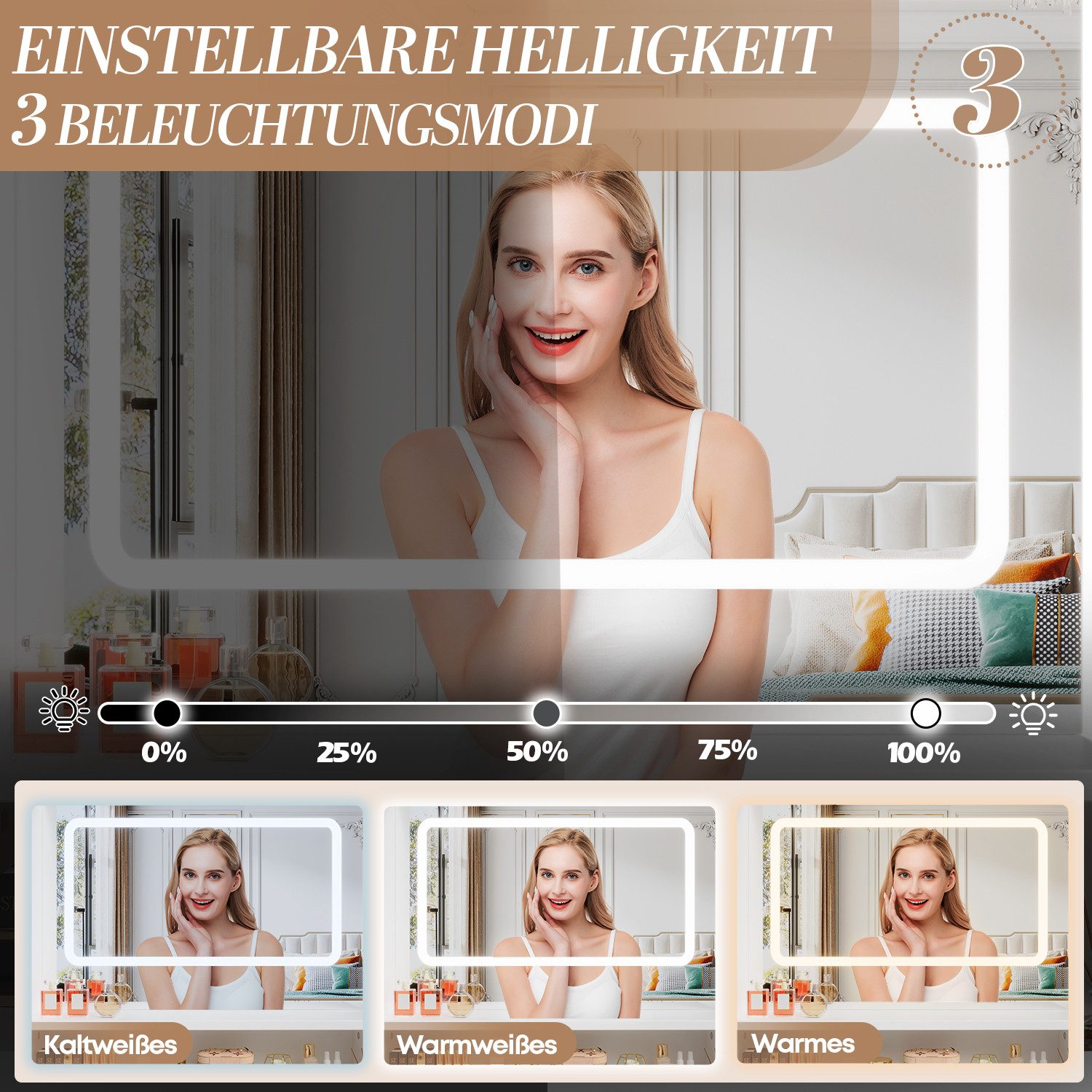 HOMALL Schminktisch Mit integrierten LED-Leuchten, einstellbare Helligkeit und Temperatur (Produktabmessungen: 90 × 40 × 135 cm Mit 5 offenen Ablagefächern + 2  – Bild 4 von 5