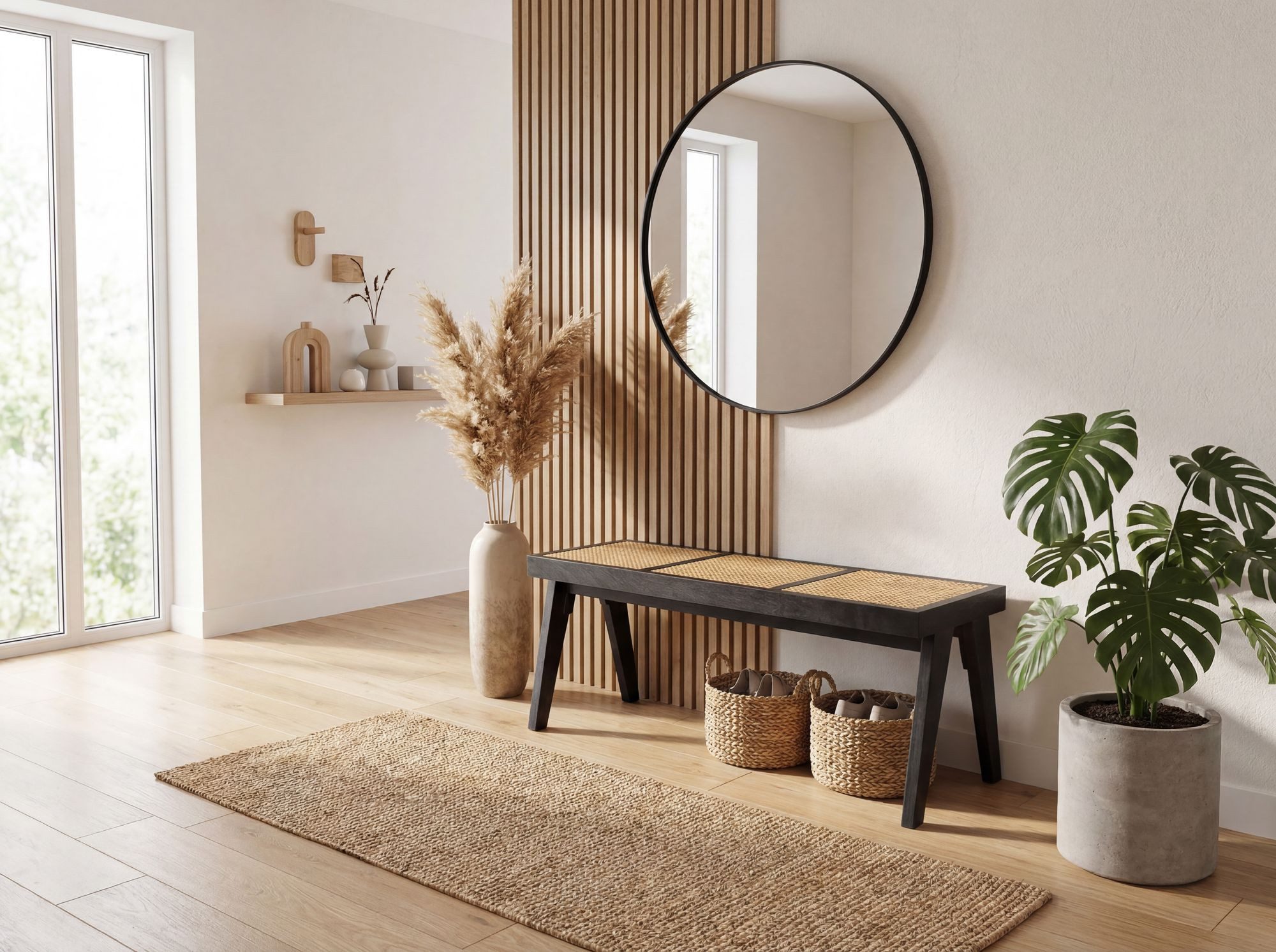 FINEBUY Sitzbank FB117779 Holzbank aus Massivholz Flurbank Bettbank Wiener Geflecht (Elegante Flurbank aus massivem Akazienholz), Strukturierte Sitzfläche aus natürlichem Rattan