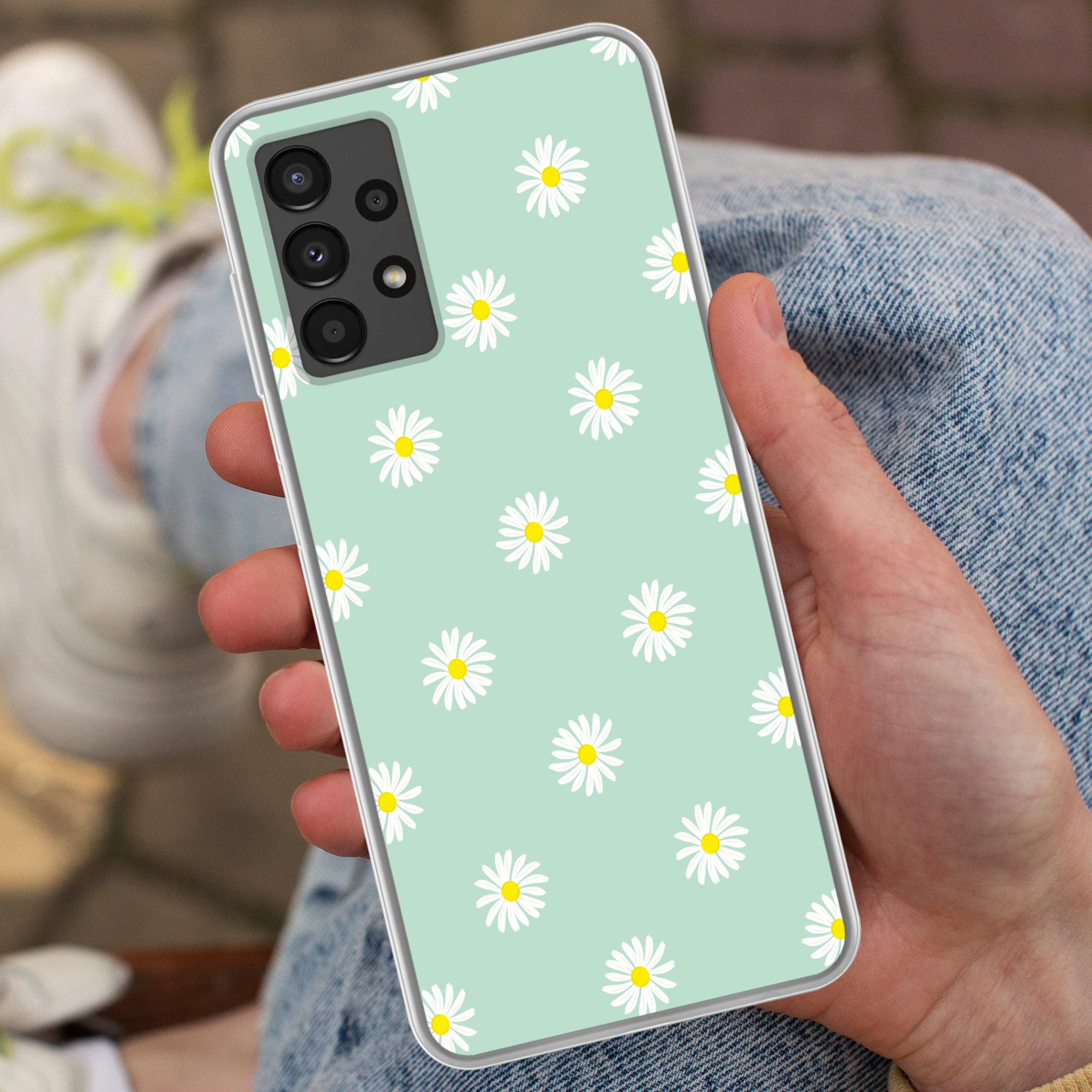 MuchoWow Handyhülle für Samsung Galaxy A13 4G Gänseblümchen - Pastell - Weiß - Grün - Flor, Smartphone-Bumper, Print, Handy Schutzhülle Dünn
