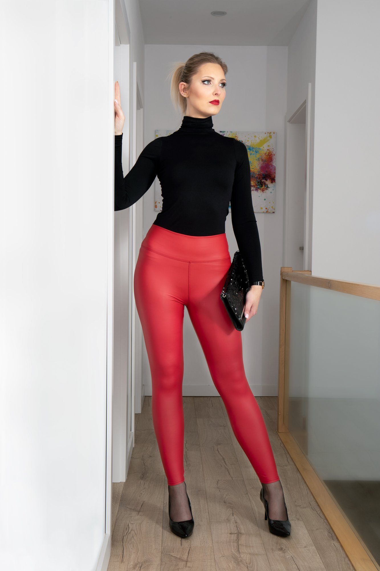 Selenzia Leggings Selenzia® Damen Thermo Leggings Leggins Hose in Leder-Optik High-Waist Rot