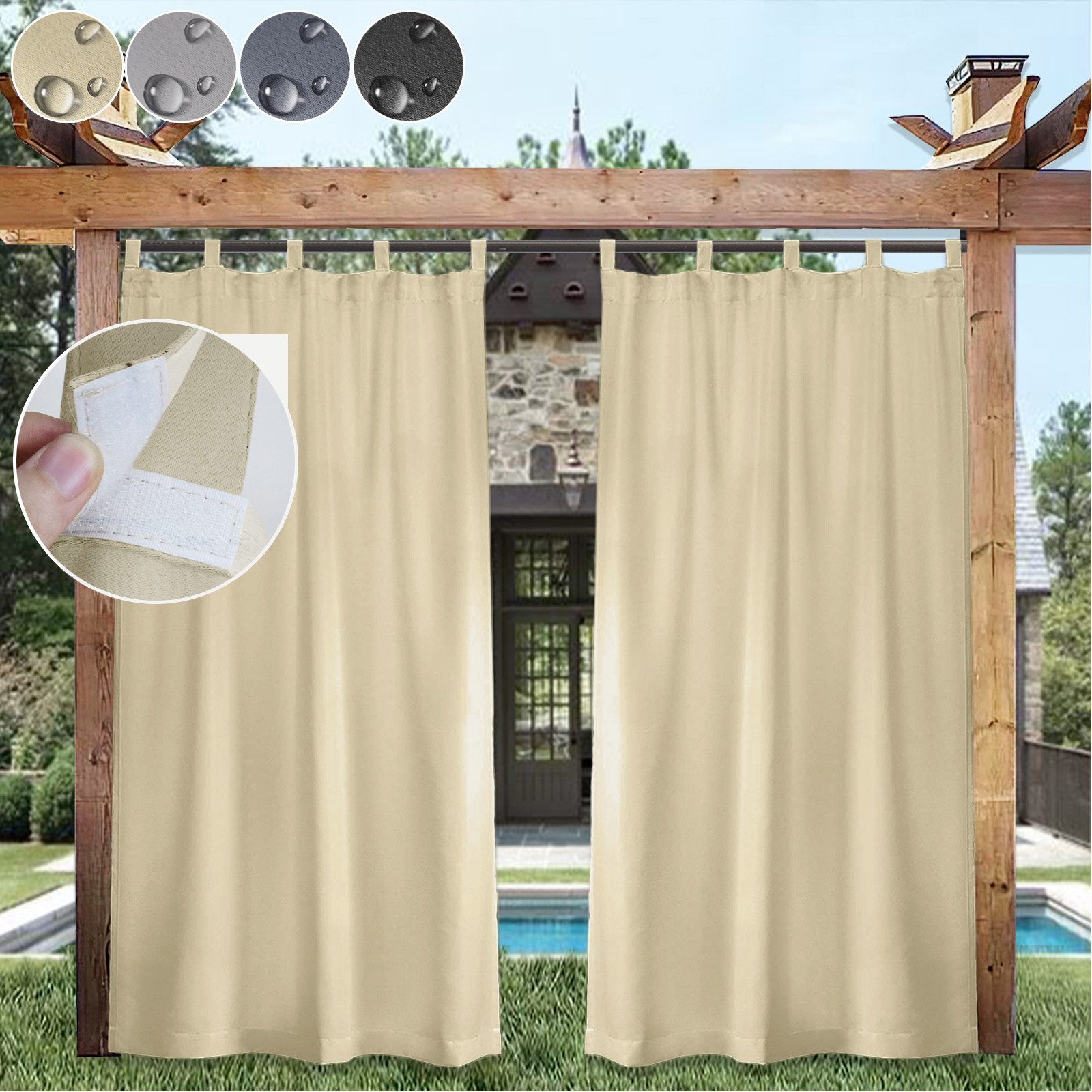 Lapamax Outdoorvorhang Wasserfest Sonnenschutz Winddicht Gardine mit Klettband, 1/2 Stück (1 St), Schlaufen, Polyester, UV-Schutz Outdoor gardinen, für Balkon Terrasse Pergola Pavillon