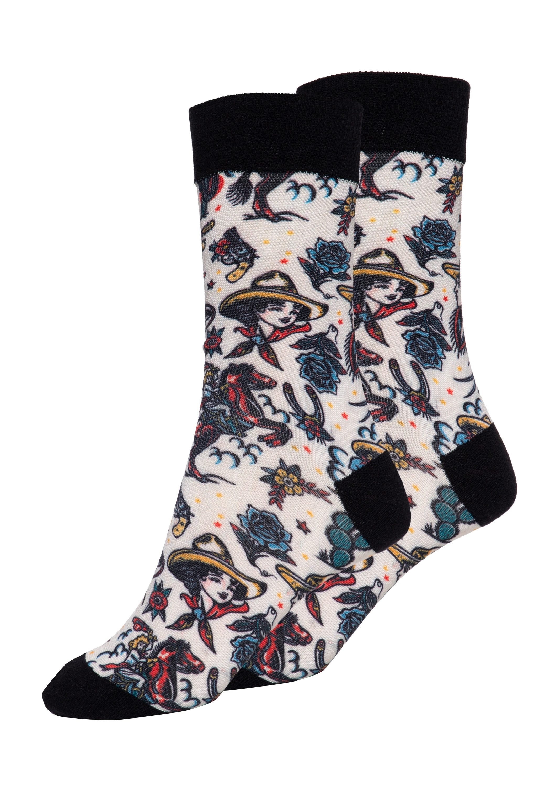 KingKerosin Носки Cowgirl mit Western Tattoo-Motiven