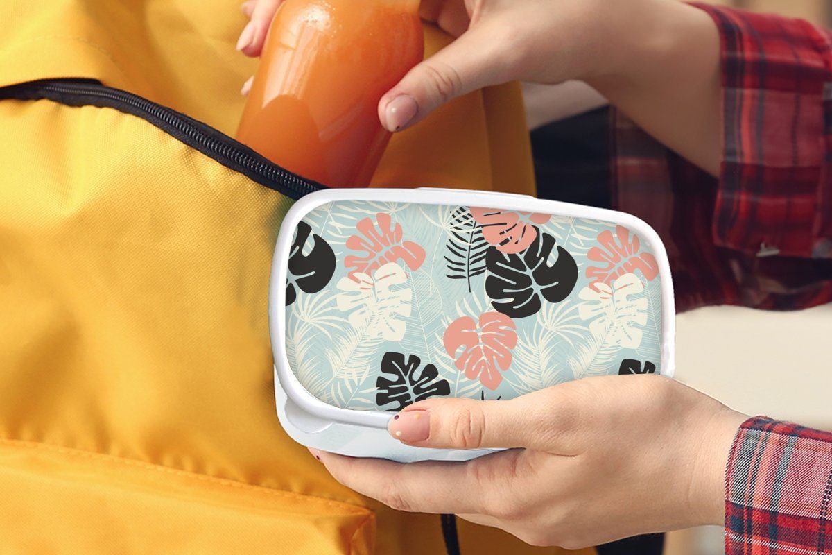 weiß Lunchbox - - Muster, Monstera Brotbox Pastell Blätter und Brotdose, Jungs (2-tlg), Mädchen - und MuchoWow Kinder für Kunststoff, Erwachsene, für Hawaii -