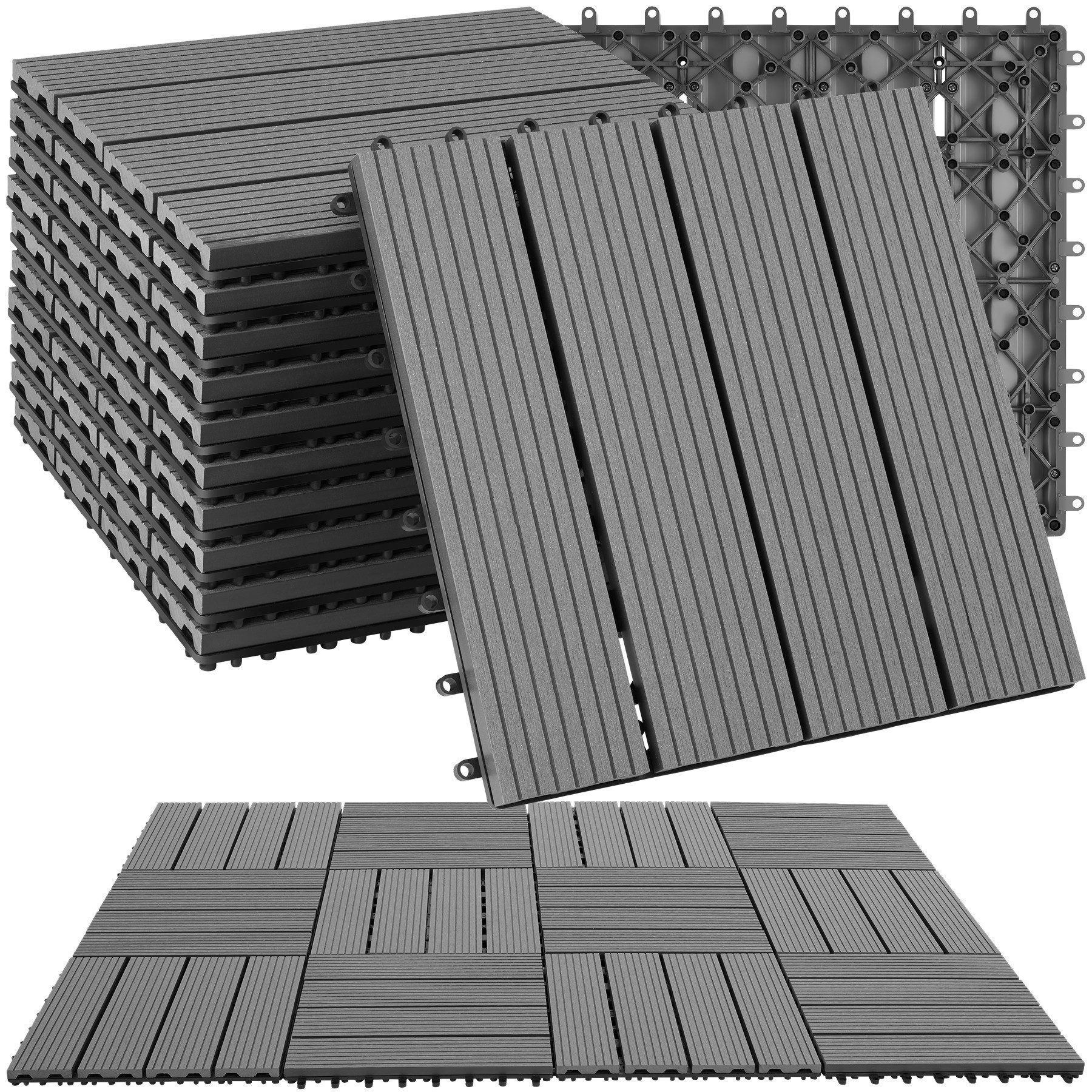tectake Terrassendielen Terrassenfliesen 11er Set im Klicksystem, 31 x 31 x 2,2 cm, 1,0571 m², BxL: je 31,00x31,00 cm, (Terrassenplatten Außenbereich Tegulas, 11-St., in grau), robustes WPC in Holzoptik, mit Drainage, wetterfest