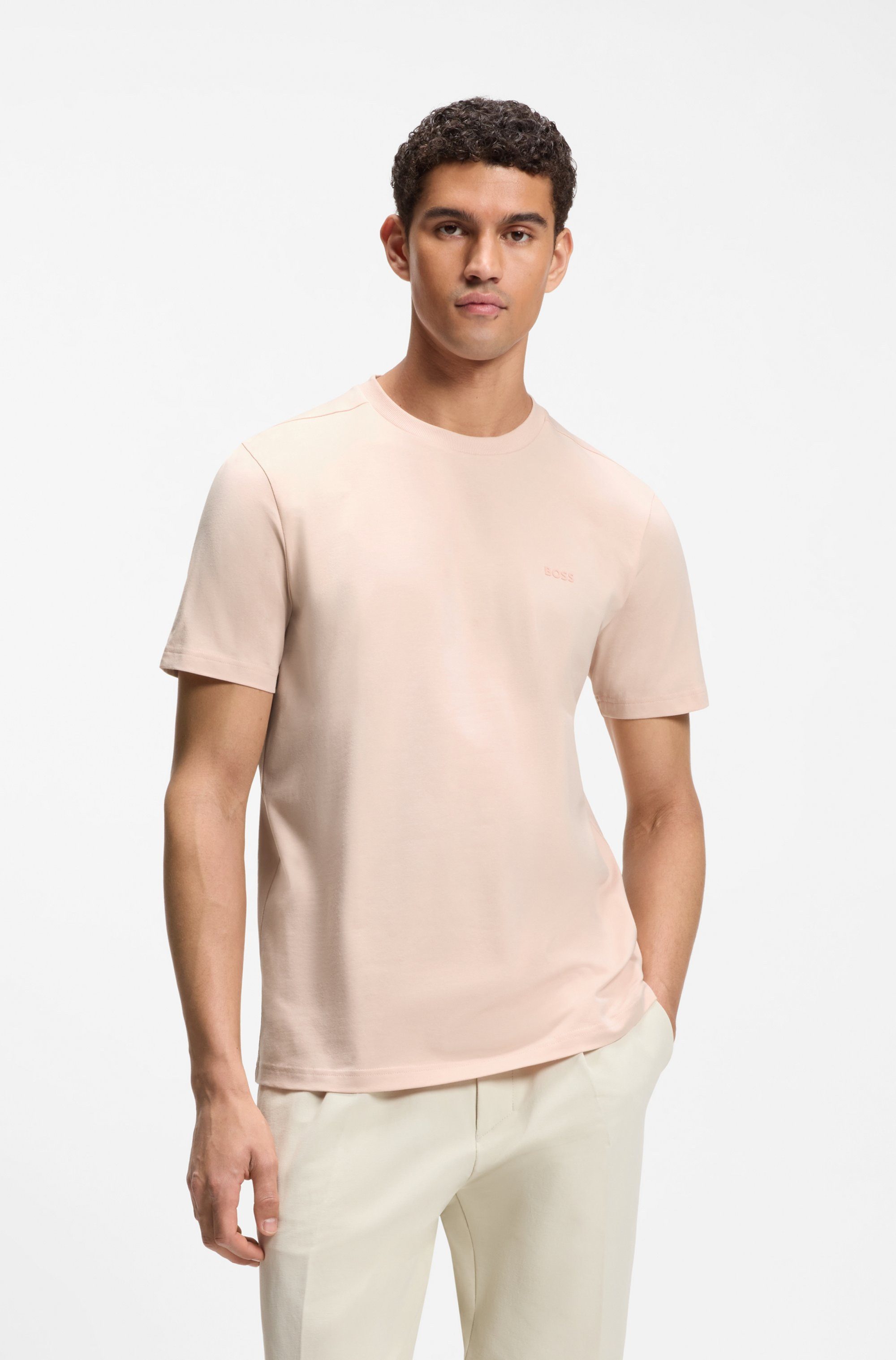 BOSS GREEN Rundhalsshirt Tee Regular Fit Stretch Jersey Cotton, Logo on Chest, Rundhals