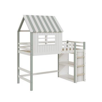 Ulife Kinderbett Einzelbett och und niedrig Bett für Jungen und Mädchen, 90x200 cm, Heimbett Dachform mit Sicherheitsleiter mit Ablagefach