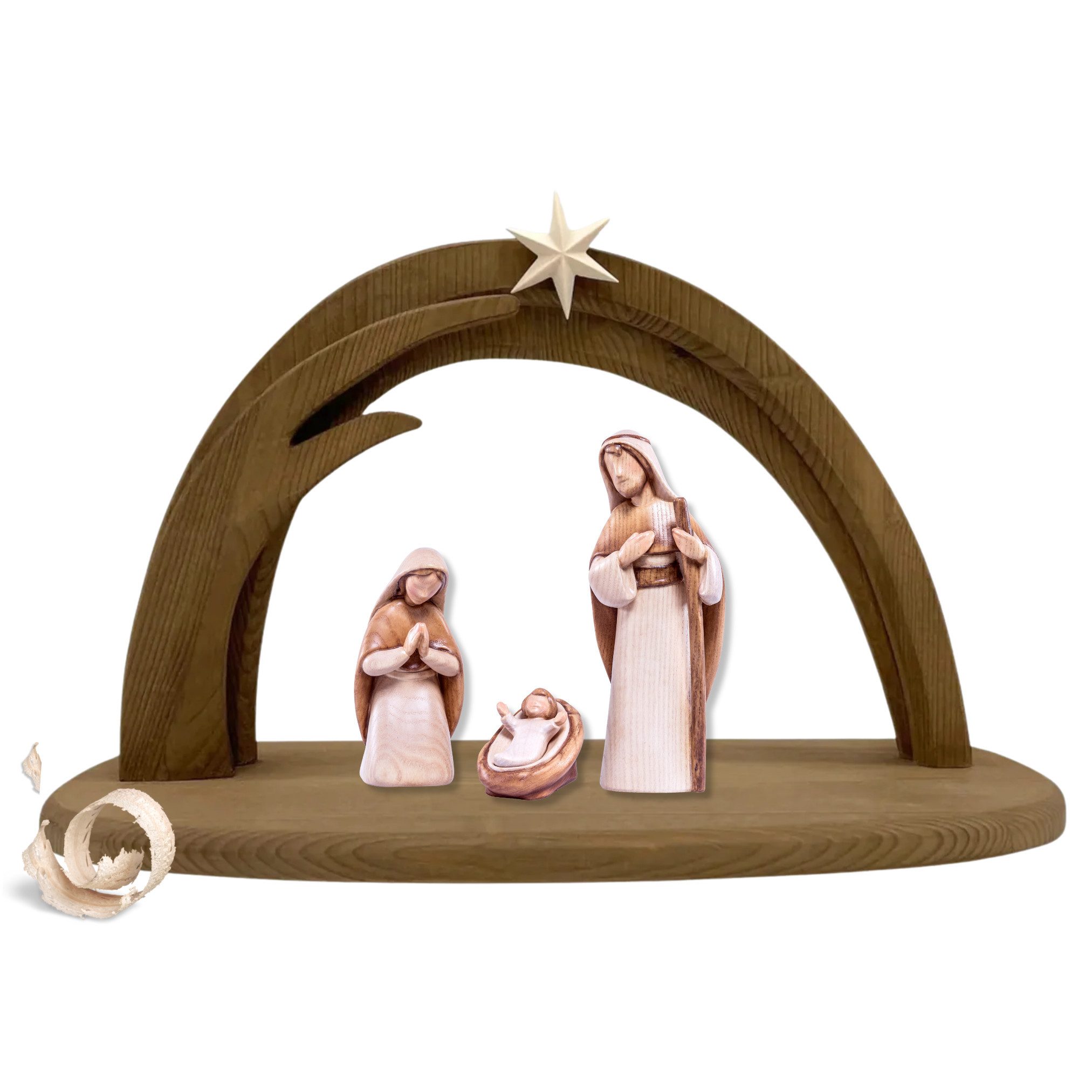 Akantus Krippe aus Holz: Heilige Familie (gebeizt) mit Krippenbogen, holzgeschnitzt, handbemalt
