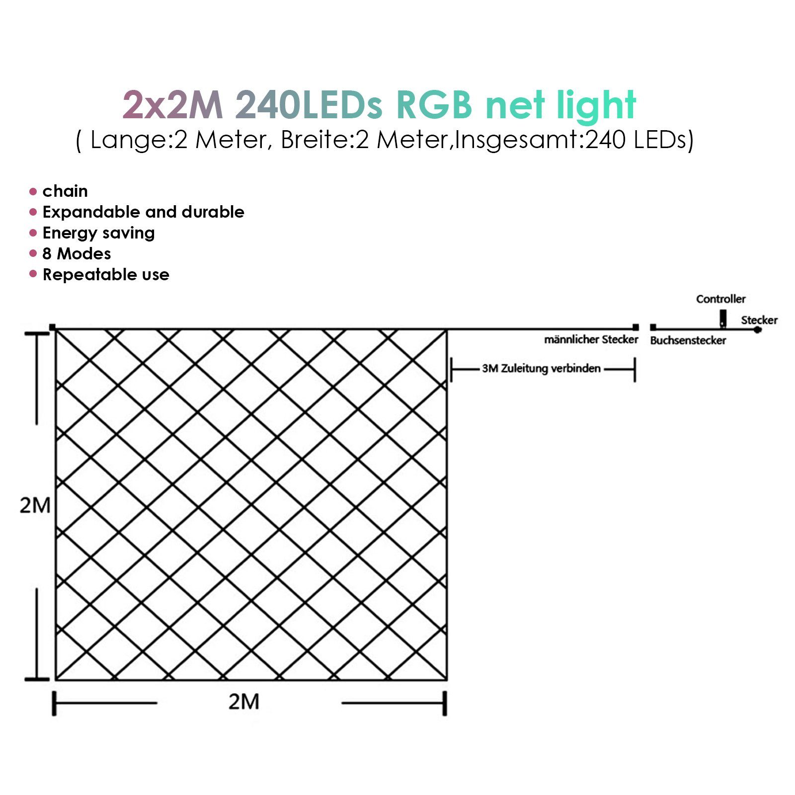 Lichternetz 8 LED-Lichternetz Lichtervorhang Bunt IP44 LED Lospitch Modi-Speicherfunktion