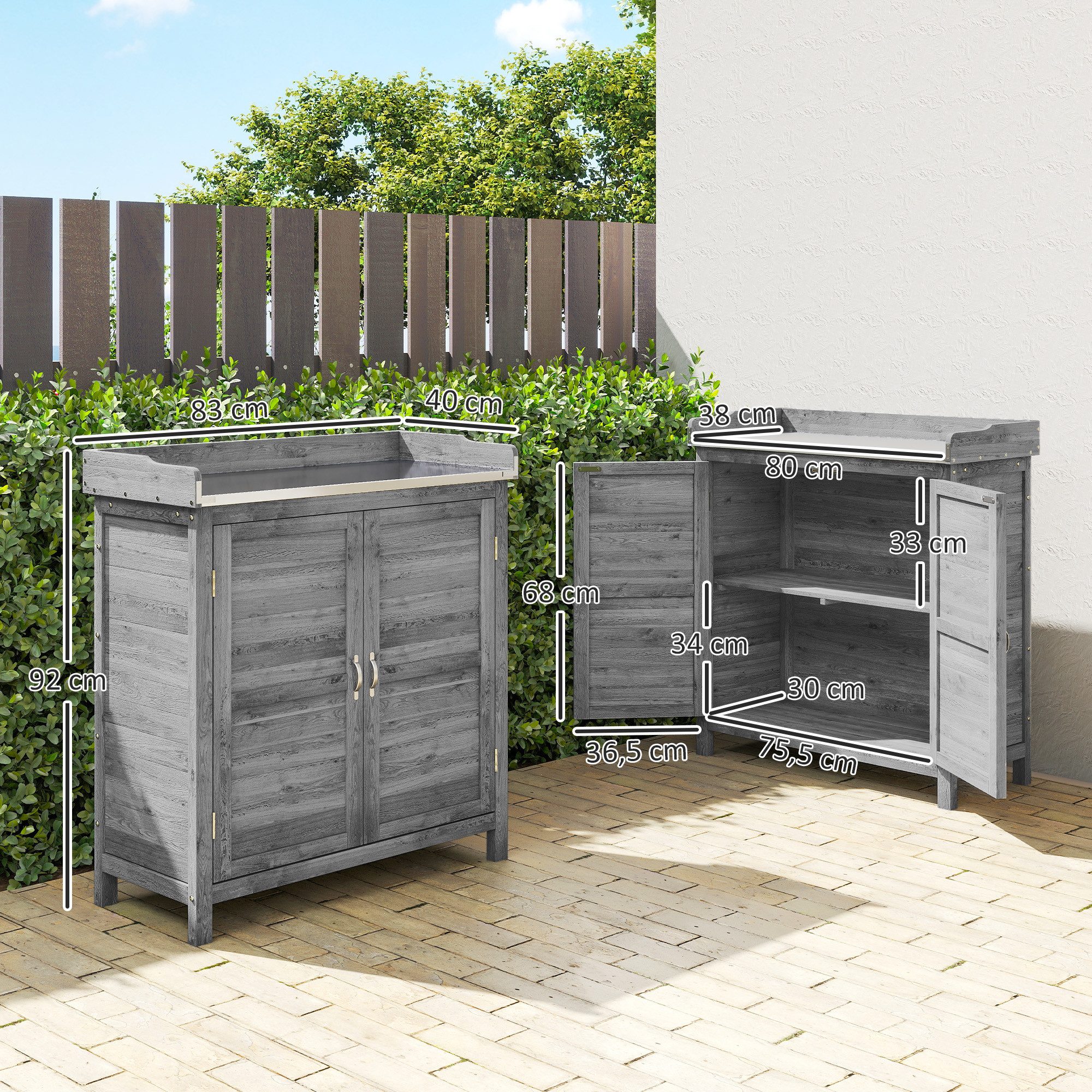 Outsunny Geräteschrank mit verzinkter Arbeitsplatte, 2 Regalböden (Outdoor Gartenschrank, 1-St., Pflanztisch mit Unterschrank) für Garten Balkon Terrasse 83 x 40 x 92cm Grau