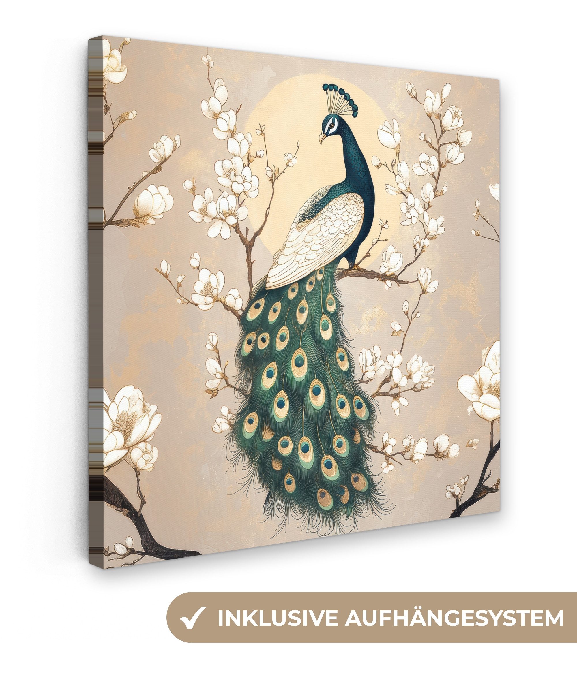 OneMillionCanvasses® Leinwandbild Pfau - Zweig - Blumen, Fotodruck (1 St), günstig online kaufen
