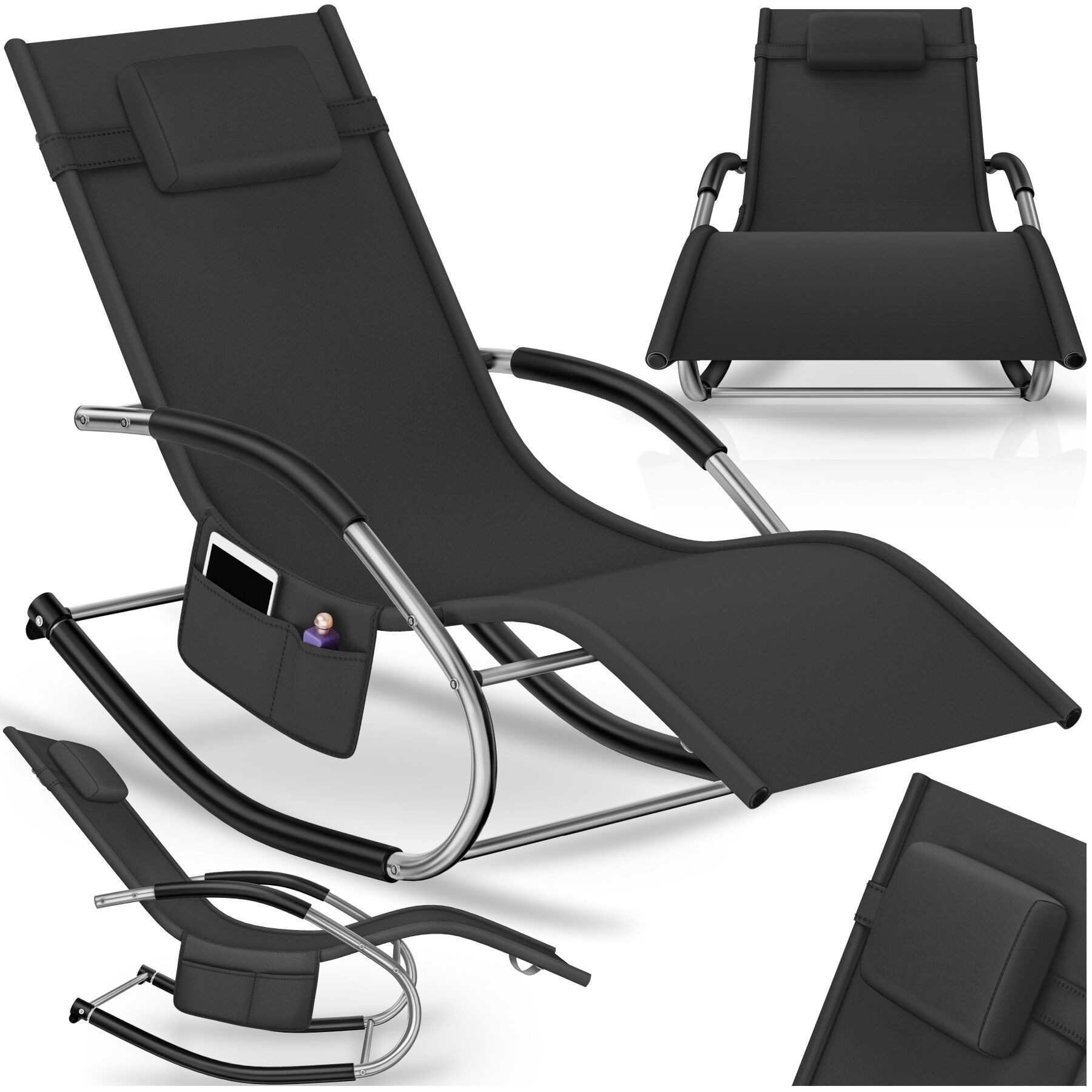 tectake Gartenliege Relaxliege wetterfest mit Kopfkissen, atmungsaktiv, Seitentasche, Liegestuhl Taya, 1 St., in Schwarz, Komfort-Schwingbewegung, ergonomische Armlehnen, abnehmbares