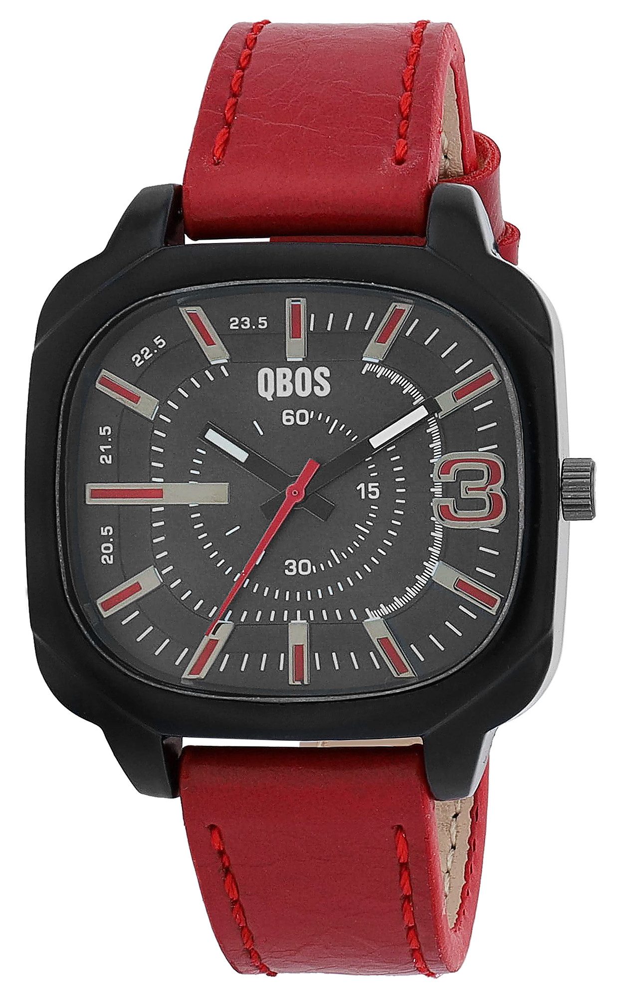 Qbos Quarzuhr 2900278 Lederimitat Armband, Metall, schwarzes Gehäuse