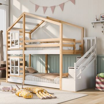 Ulife Etagenbett Hochbett Hausbett Treppe mit 2 Schubladen, Kinderbett mit Speicherung und Rausfallschutz,90 x 200 cm