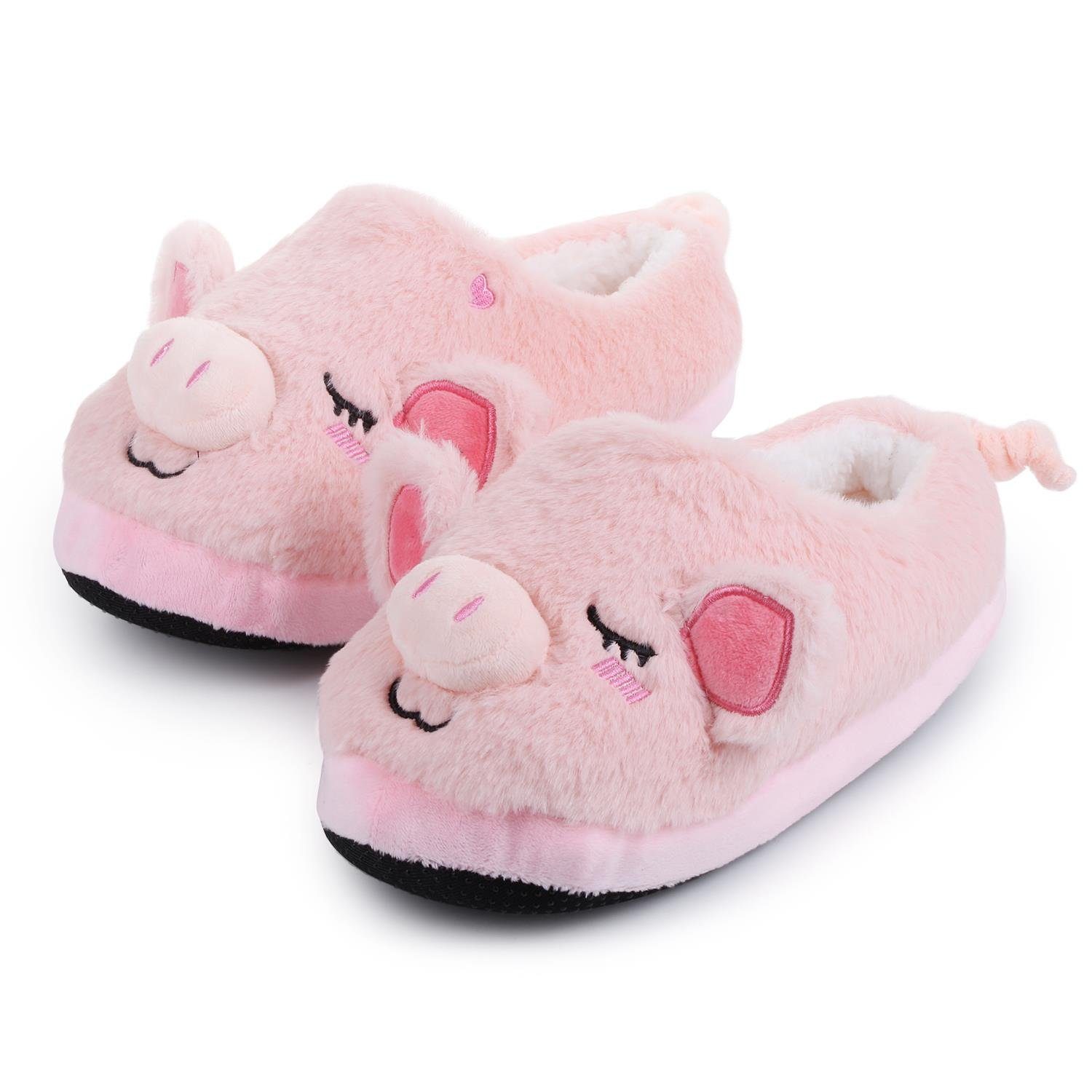 Katara Kuschelige Tier Pantoffeln (Schwein, Lama, Bär) Plüsch Hausschuhe Schweinchen rosa (hinten geschlossen)